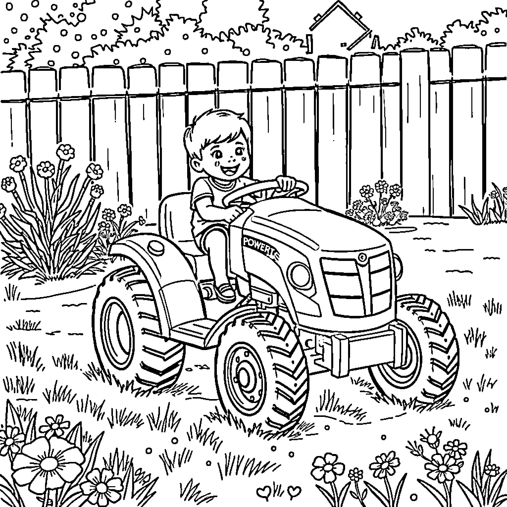 Kid Driving Tractor in Backyard Garden Coloring Page (free black-and-white line drawing printable PDF for all, from beginners to advanced learners, including children, teens, adults, and seniors)