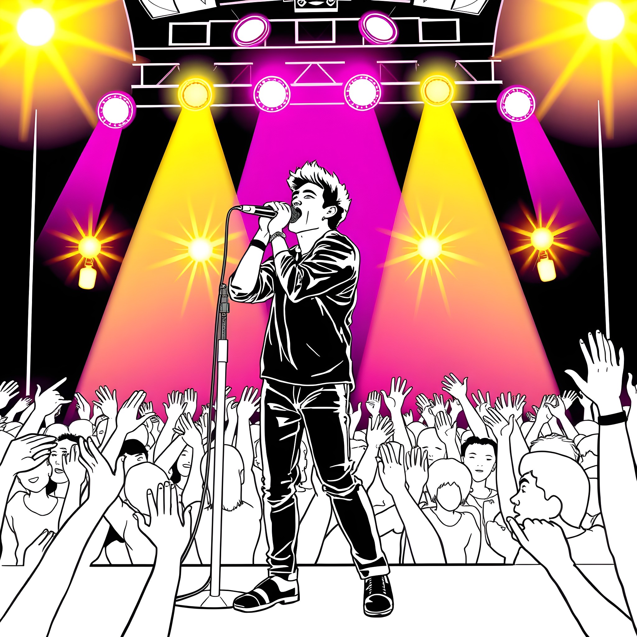 Rauw Alejandro performing on stage with energetic crowd Coloring Page (free black-and-white line drawing printable PDF for all, from beginners to advanced learners, including children, teens, adults, and seniors)