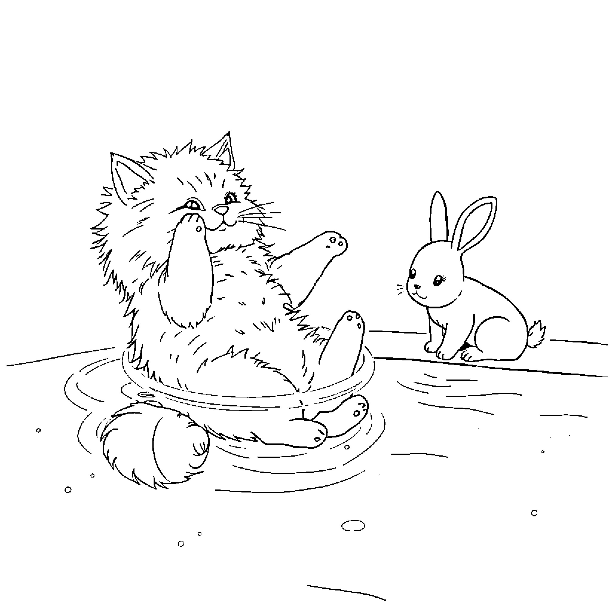Cat and Rabbit Enjoying Outdoor Scene Coloring Page (free black-and-white line drawing printable PDF for all, from beginners to advanced learners, including children, teens, adults, and seniors)