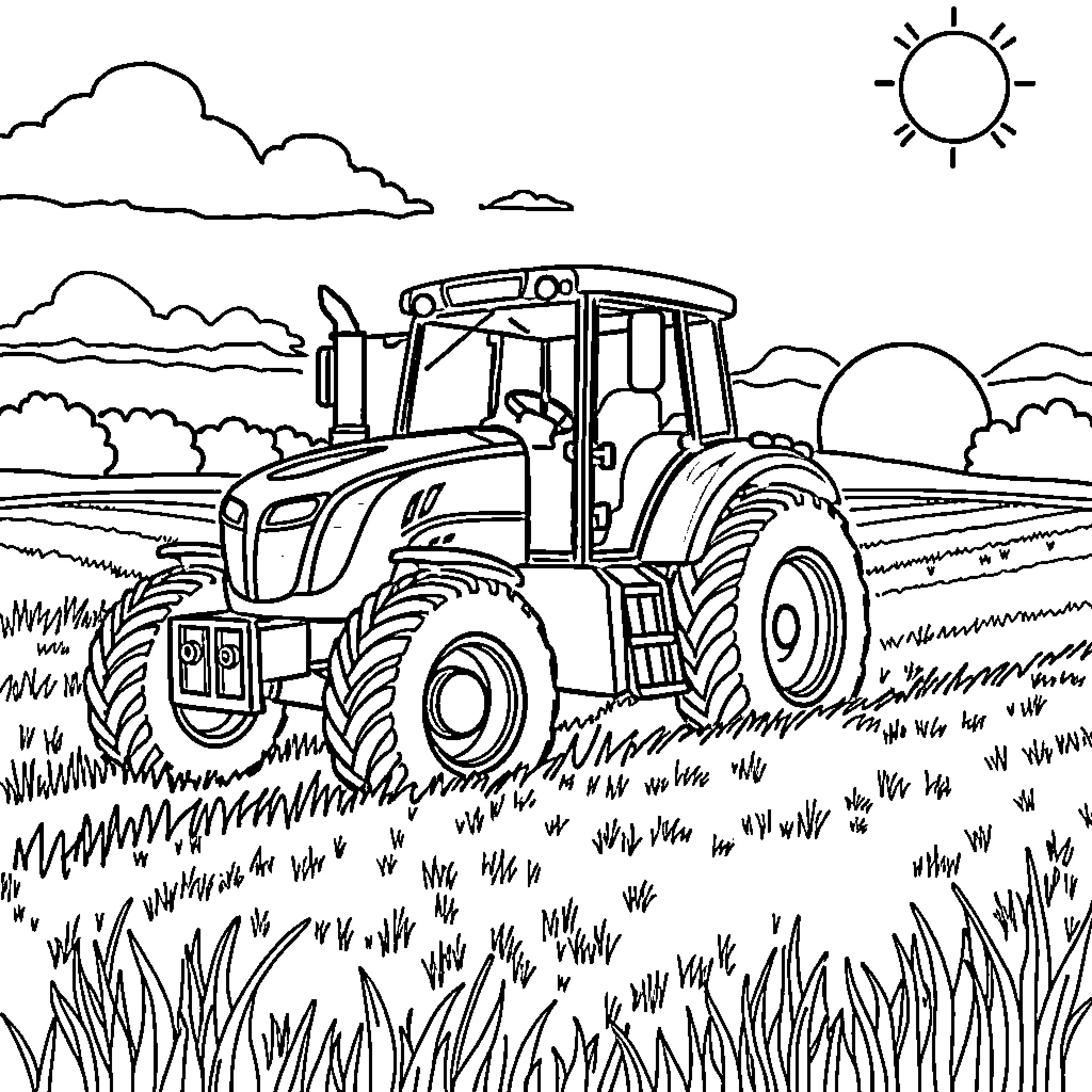 Tractor working in the field on a sunny day Coloring Page (free black-and-white line drawing printable PDF for all, from beginners to advanced learners, including children, teens, adults, and seniors)