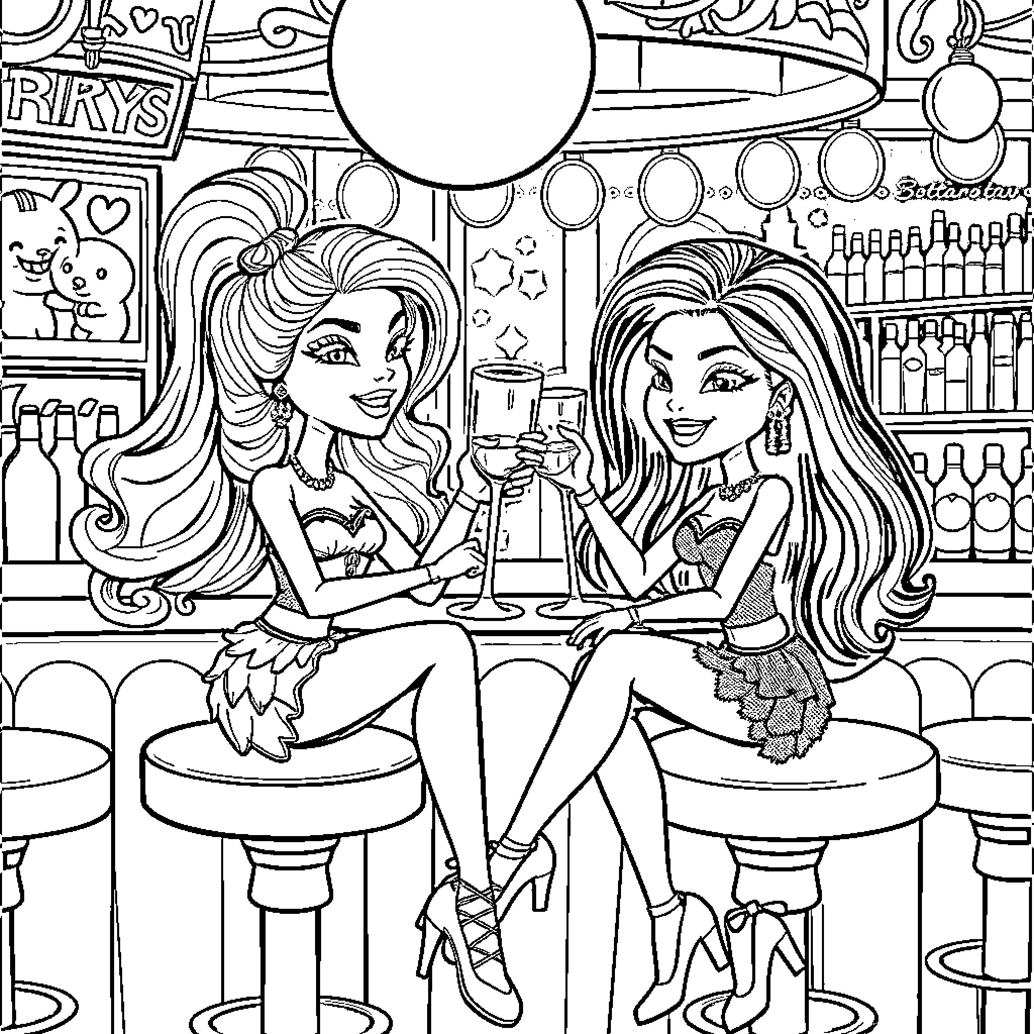 Bratz dolls enjoying drinks at the bar Coloring Page (free black-and-white line drawing printable PDF for all, from beginners to advanced learners, including children, teens, adults, and seniors)