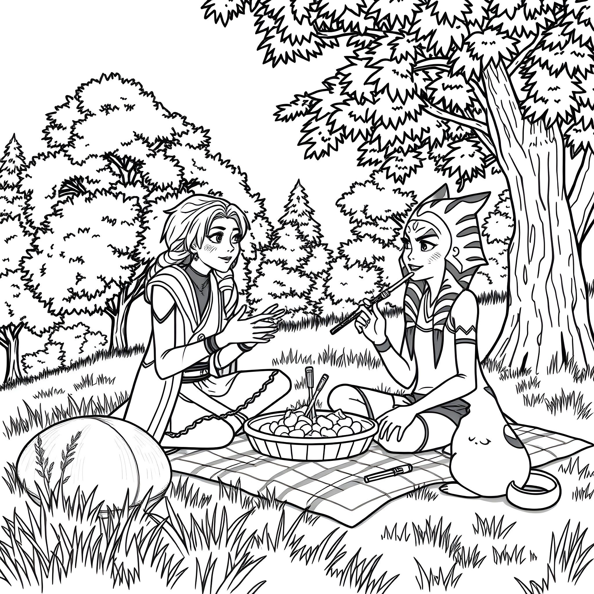 Ahsoka's Picnic Adventure with Alien Companion Coloring Page (free black-and-white line drawing printable PDF for all, from beginners to advanced learners, including children, teens, adults, and seniors)