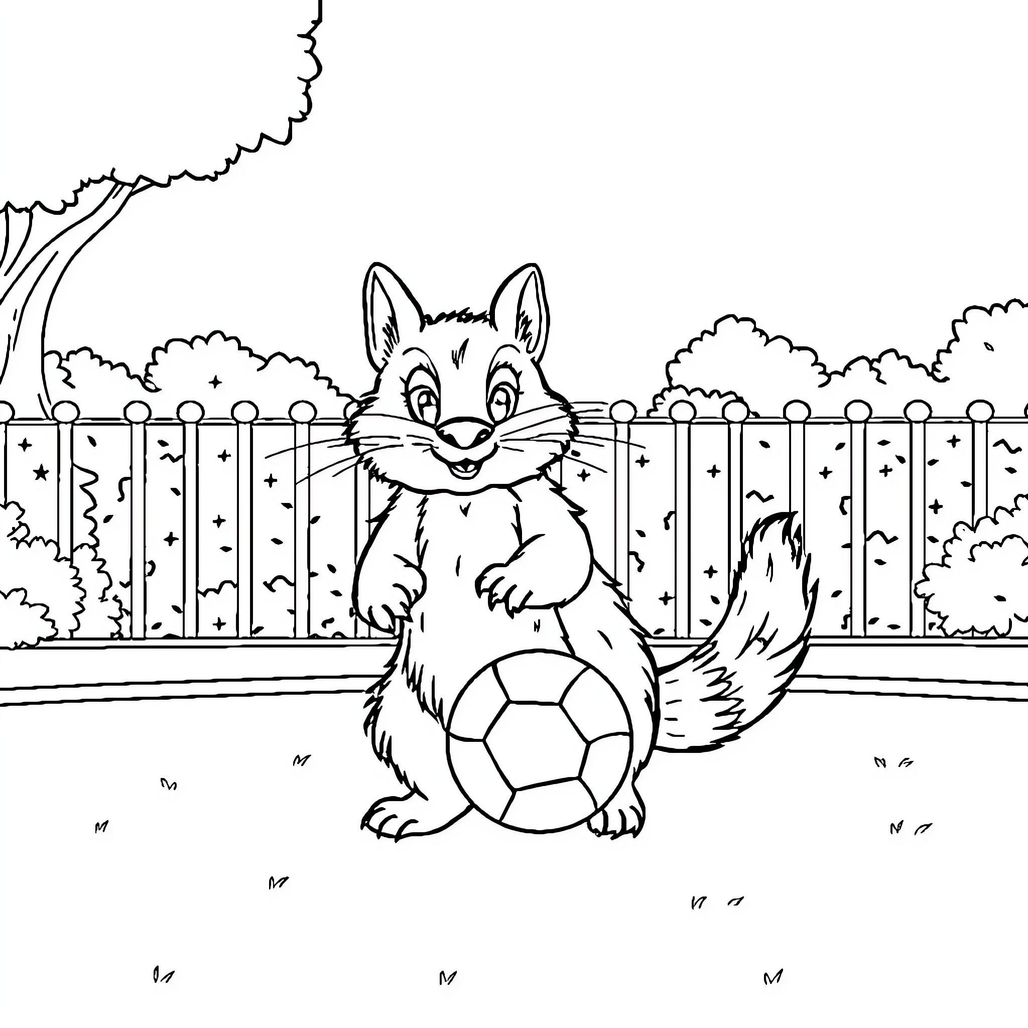 Dog playing with soccer ball in the backyard Coloring Page (free black-and-white line drawing printable PDF for all, from beginners to advanced learners, including children, teens, adults, and seniors)