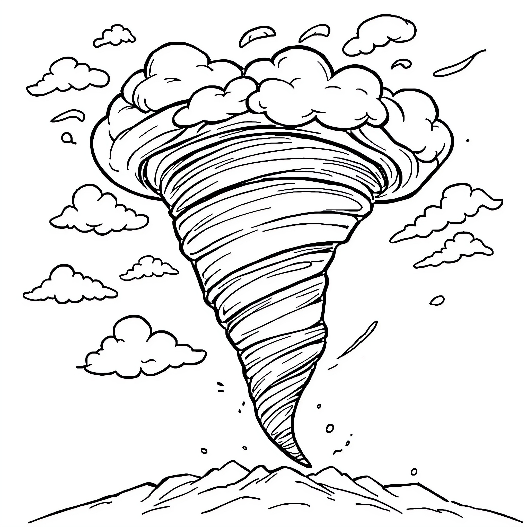 Tornado swirling amidst cloudy skies Coloring Page (free black-and-white line drawing printable PDF for all, from beginners to advanced learners, including children, teens, adults, and seniors)
