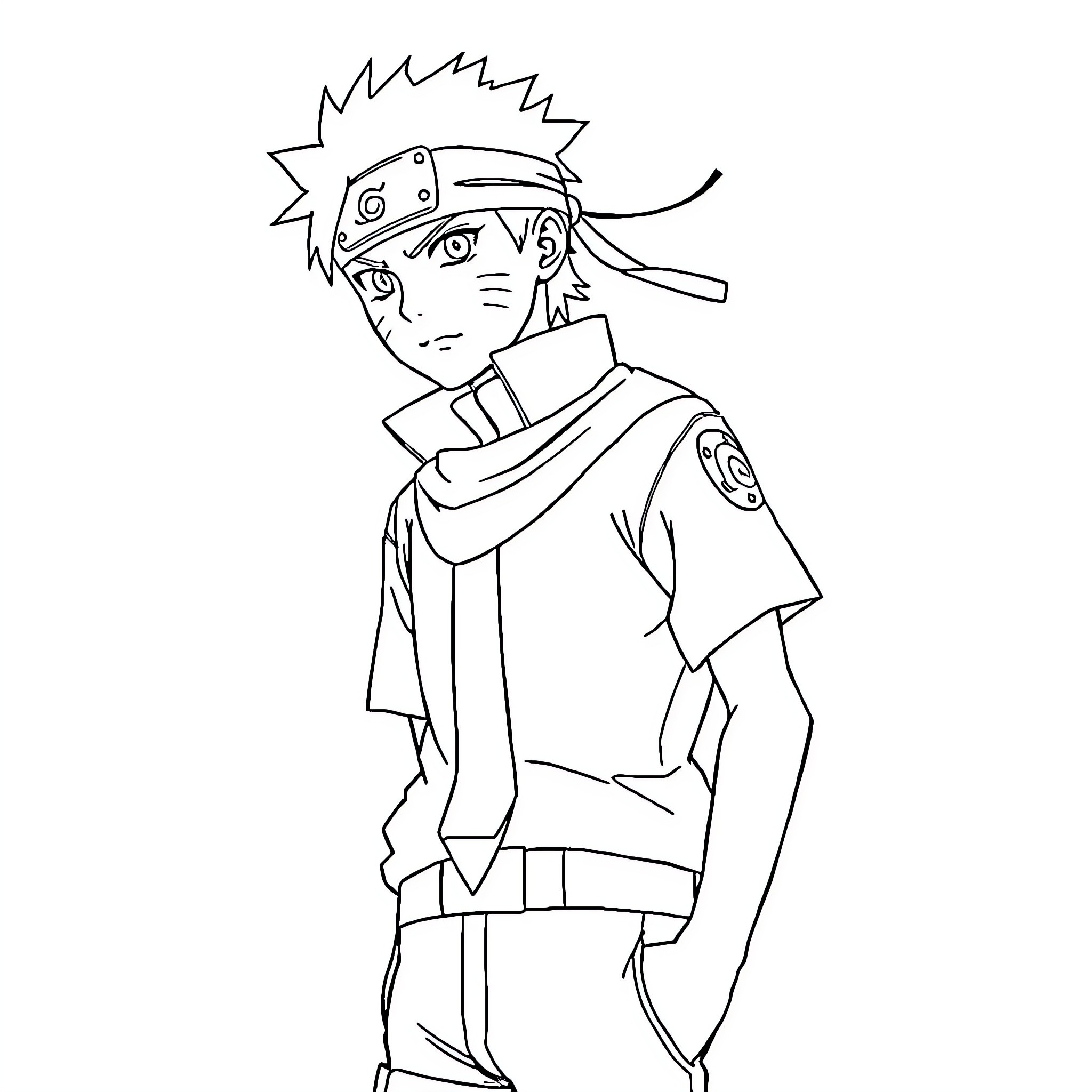 Naruto character in action pose with determined expression Coloring Page (free black-and-white line drawing printable PDF for all, from beginners to advanced learners, including children, teens, adults, and seniors)