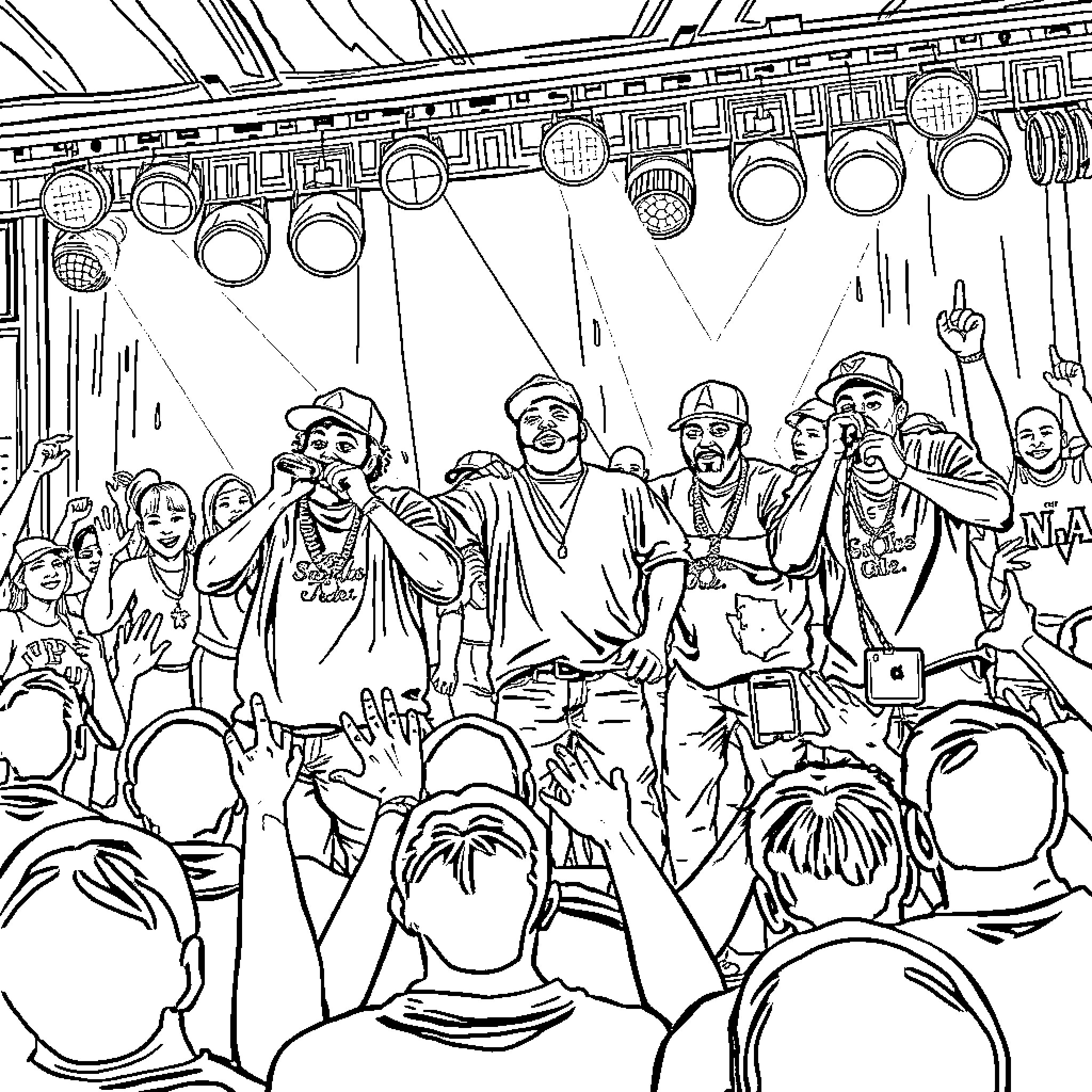 DJ Screw performing for an enthusiastic crowd Coloring Page (free black-and-white line drawing printable PDF for all, from beginners to advanced learners, including children, teens, adults, and seniors)