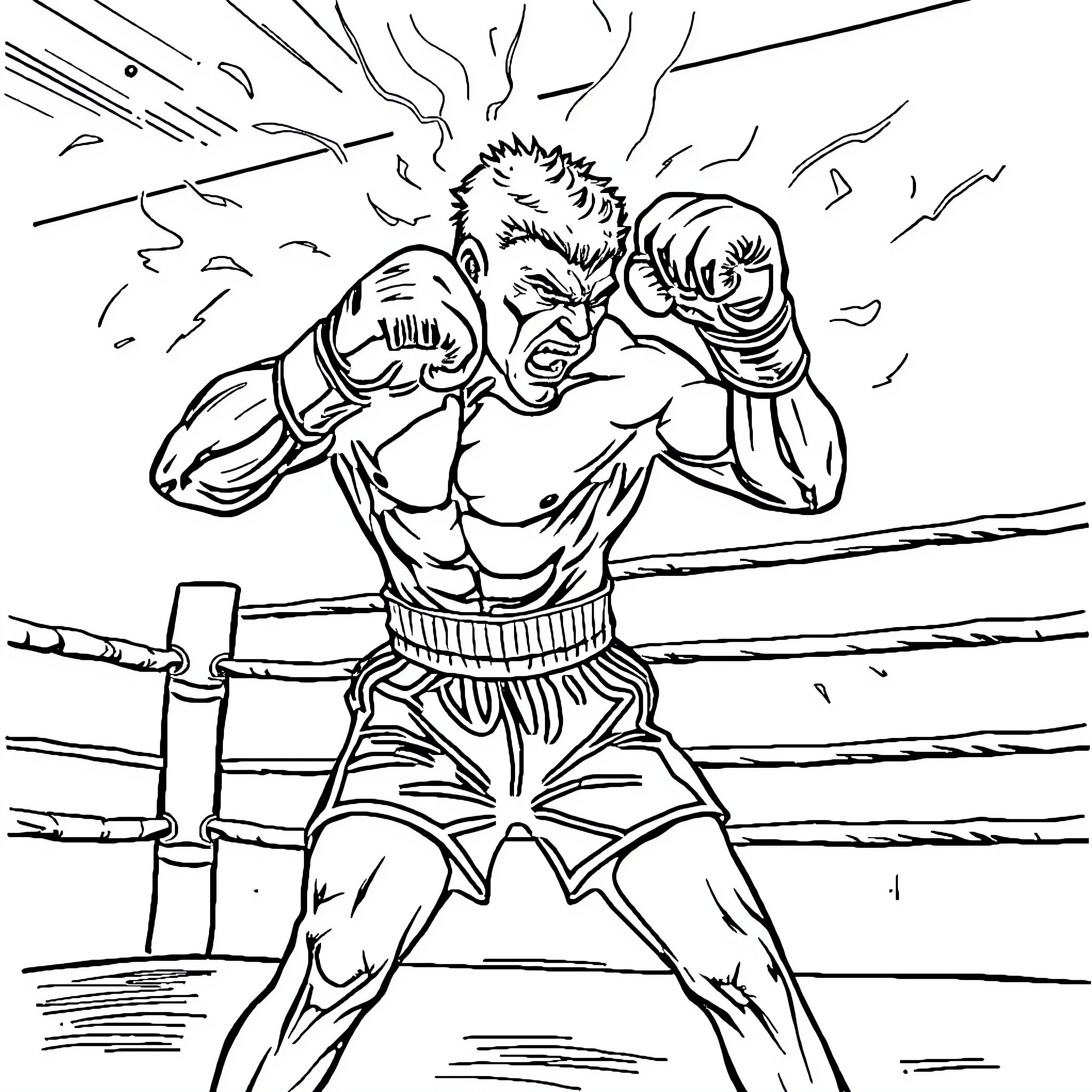 Fighter Unleashing Powerful Punch in Boxing Ring Coloring Page (free black-and-white line drawing printable PDF for all, from beginners to advanced learners, including children, teens, adults, and seniors)