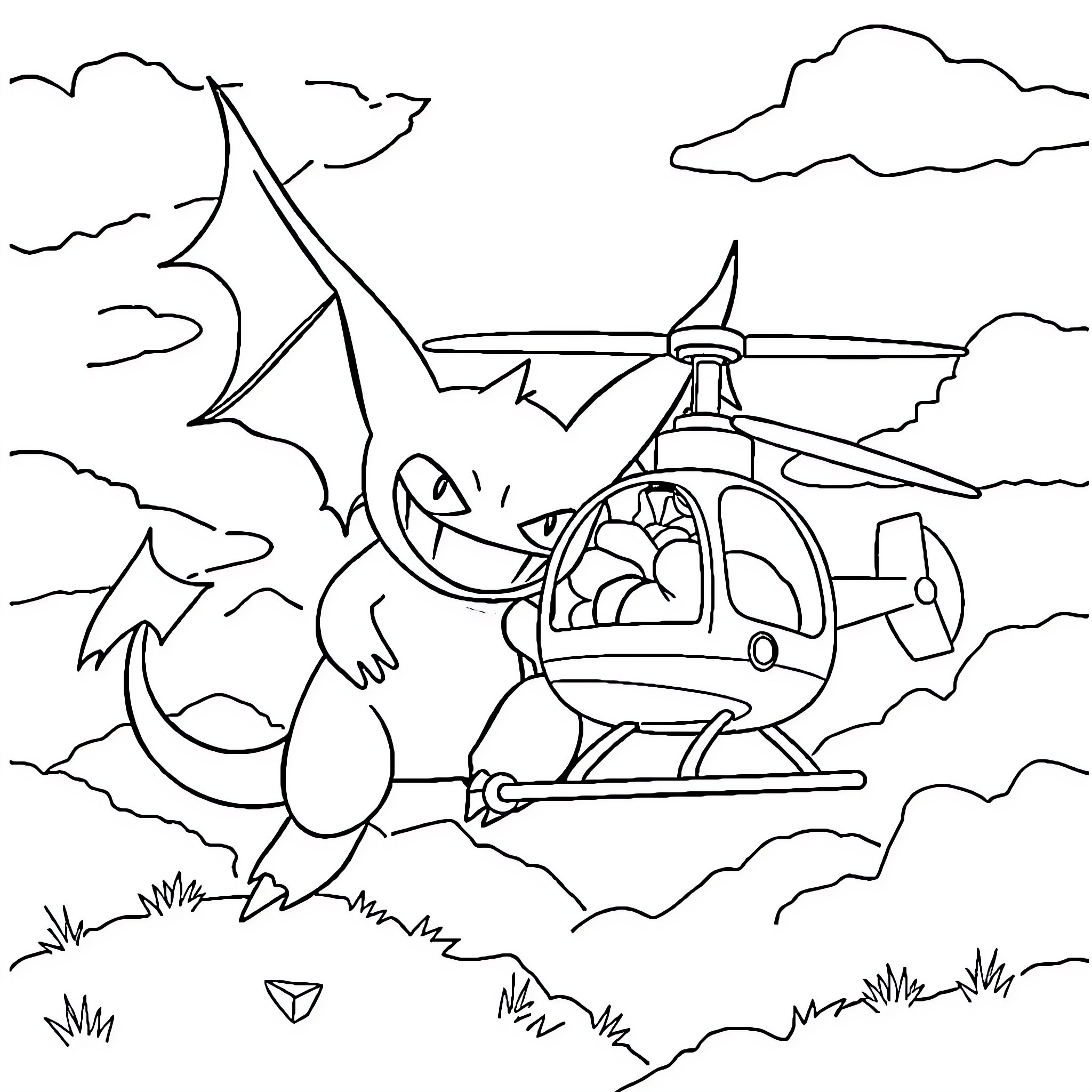 Gengar riding a helicopter in the clouds Coloring Page (free black-and-white line drawing printable PDF for all, from beginners to advanced learners, including children, teens, adults, and seniors)