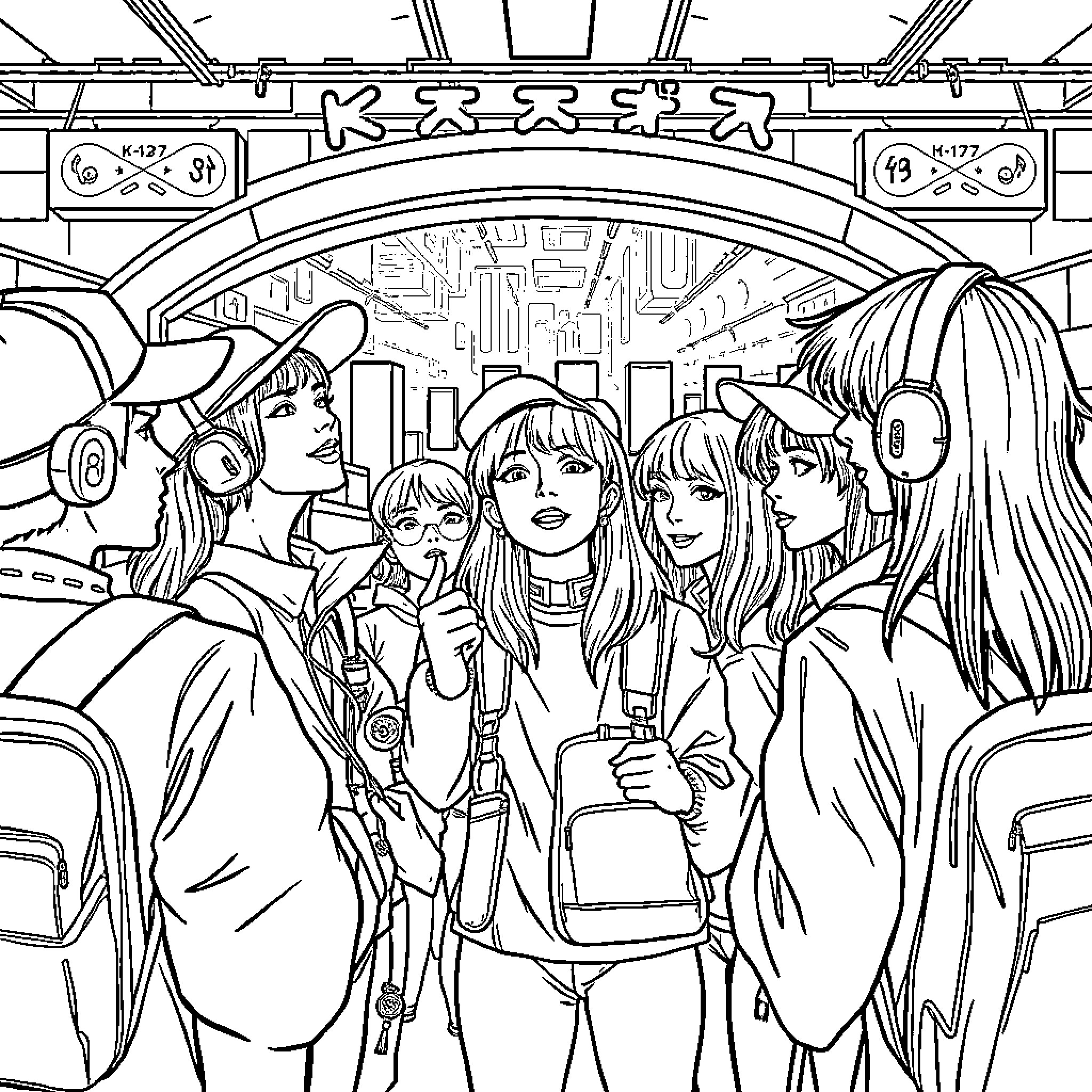 K-pop Hunter: Fans in Excitement at a Music Show Coloring Page (free black-and-white line drawing printable PDF for all, from beginners to advanced learners, including children, teens, adults, and seniors)