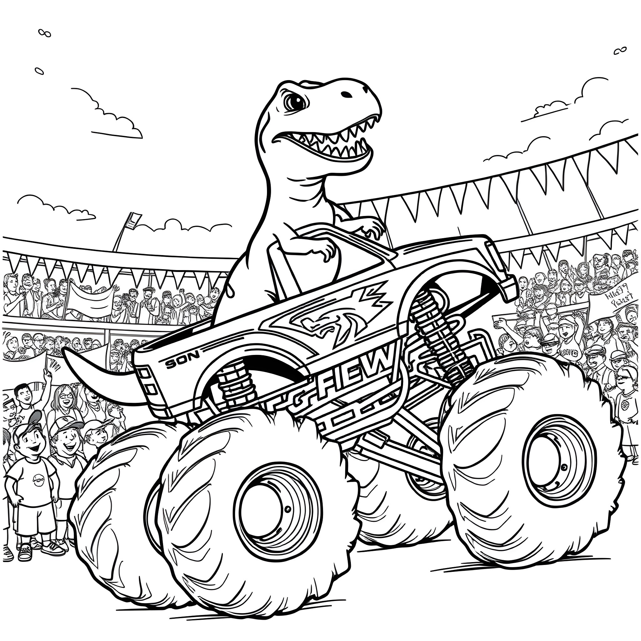 Dinosaur driving monster truck at stadium event Coloring Page (free black-and-white line drawing printable PDF for all, from beginners to advanced learners, including children, teens, adults, and seniors)