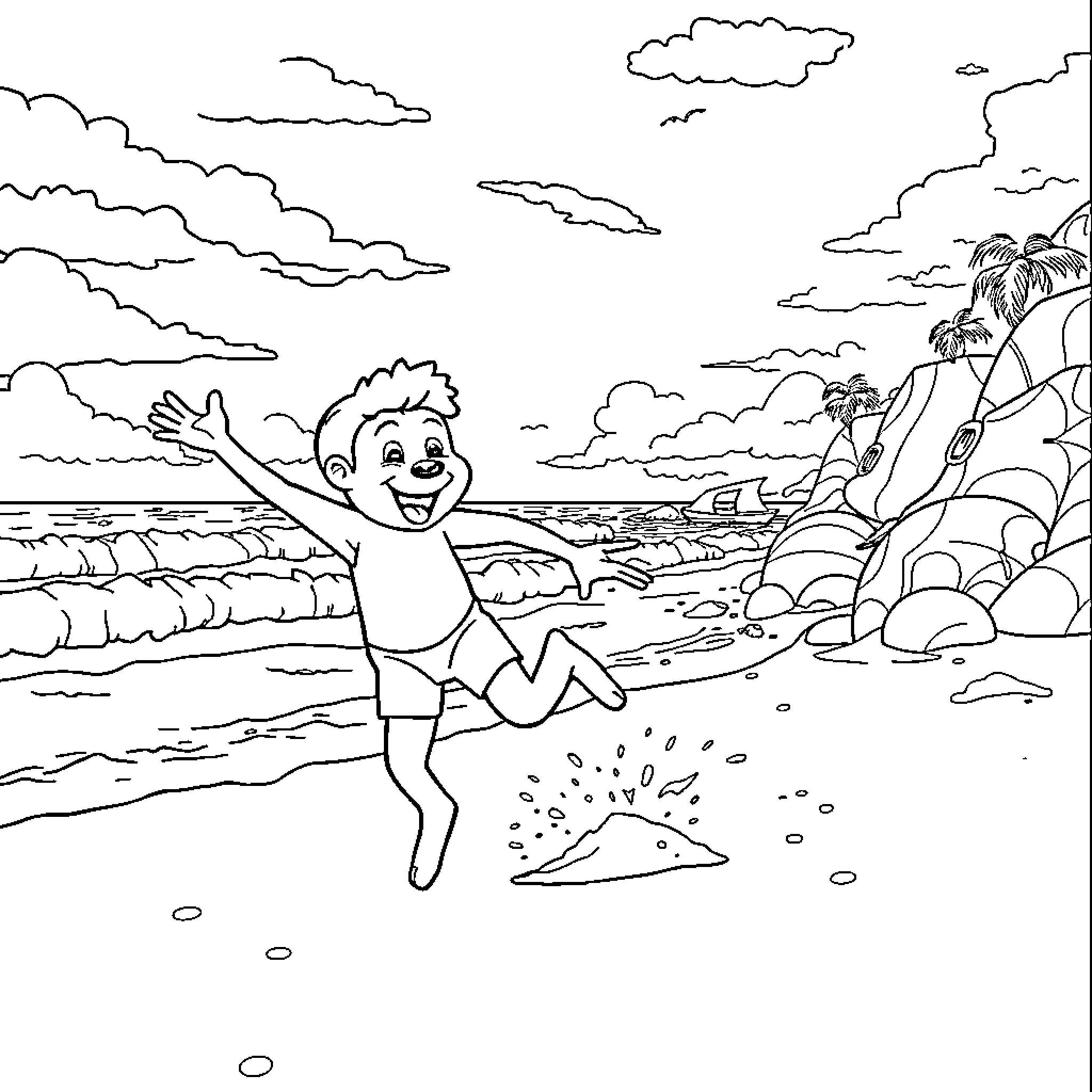 Plim Plim's Joyful Beach Adventure Coloring Page (free black-and-white line drawing printable PDF for all, from beginners to advanced learners, including children, teens, adults, and seniors)