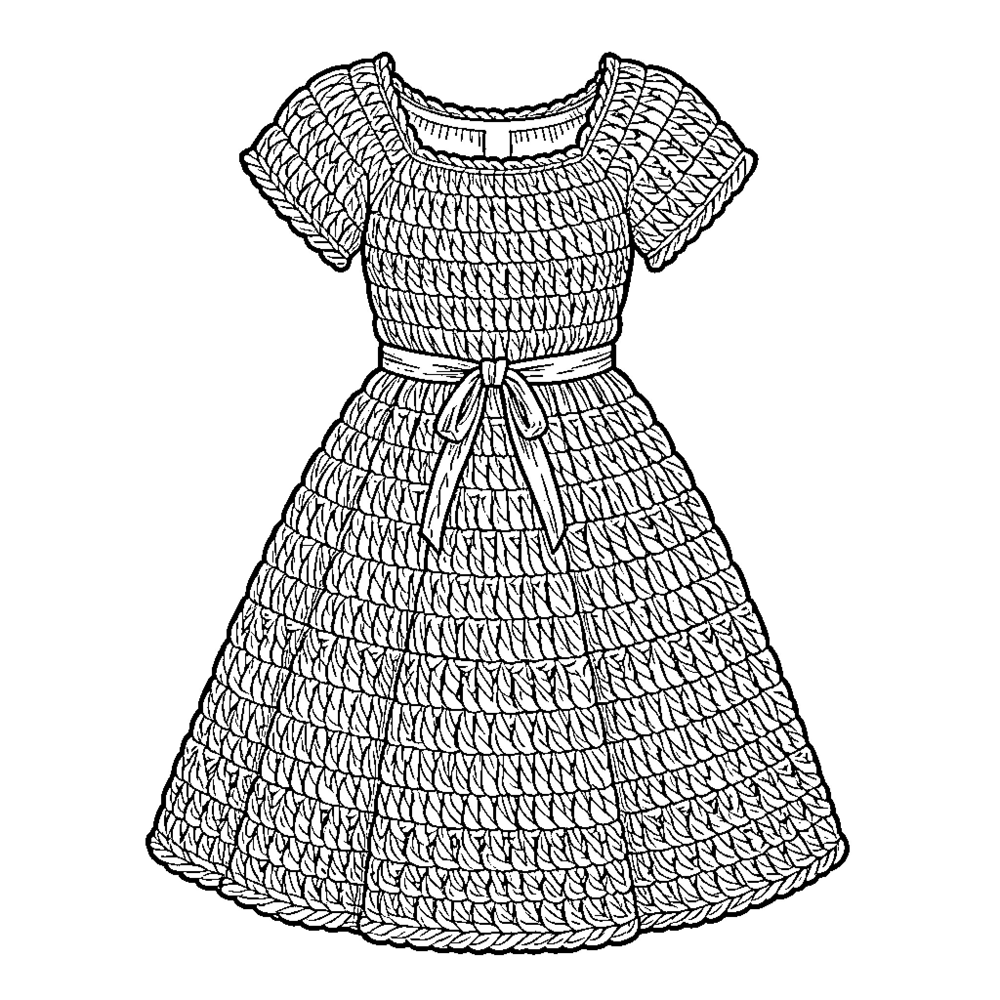 Dress with ornate textural patterns Coloring Page (free black-and-white line drawing printable PDF for all, from beginners to advanced learners, including children, teens, adults, and seniors)