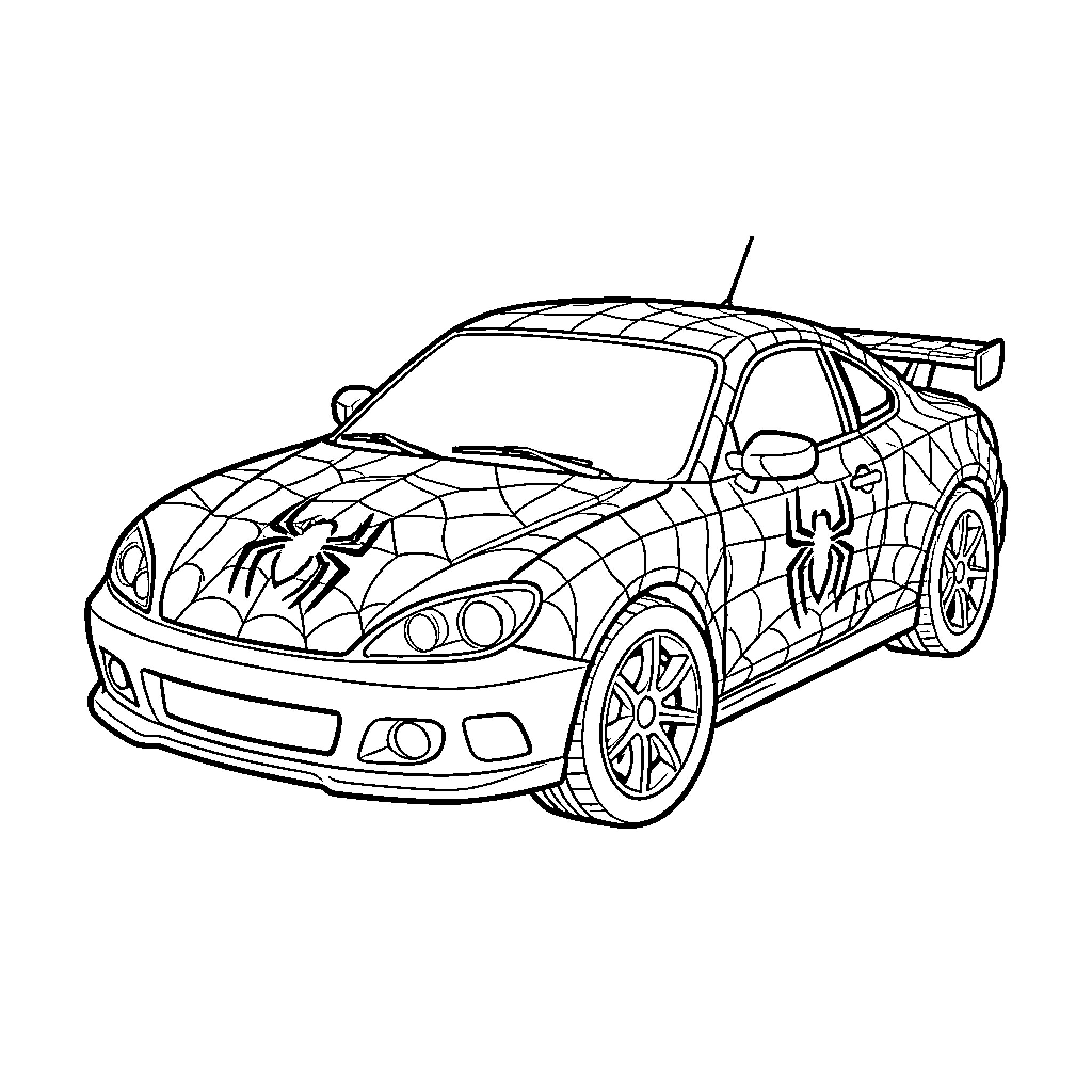 Spider-Man themed sports car with web patterns Coloring Page (free black-and-white line drawing printable PDF for all, from beginners to advanced learners, including children, teens, adults, and seniors)