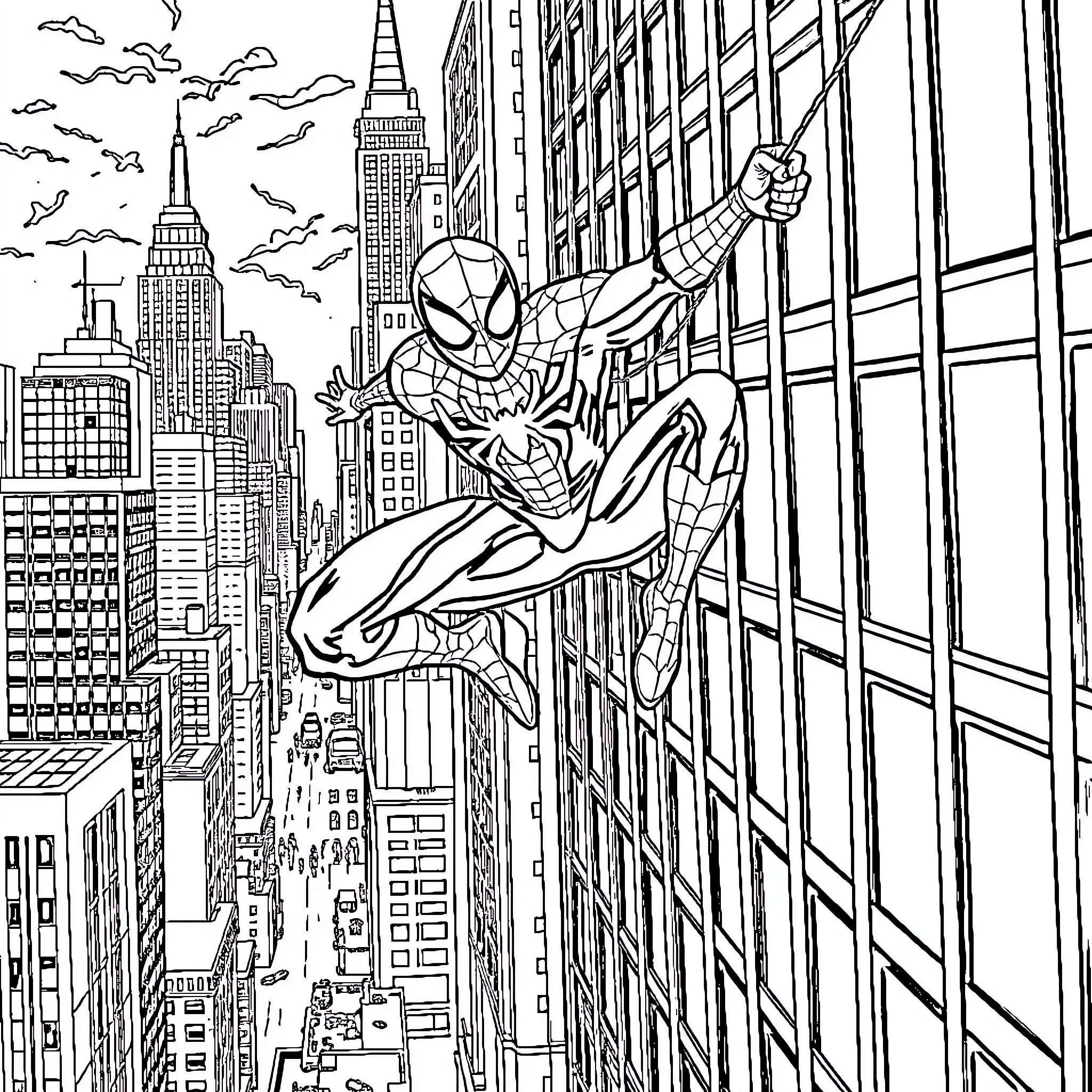 Spiderman swinging through the city skyline Coloring Page (free black-and-white line drawing printable PDF for all, from beginners to advanced learners, including children, teens, adults, and seniors)
