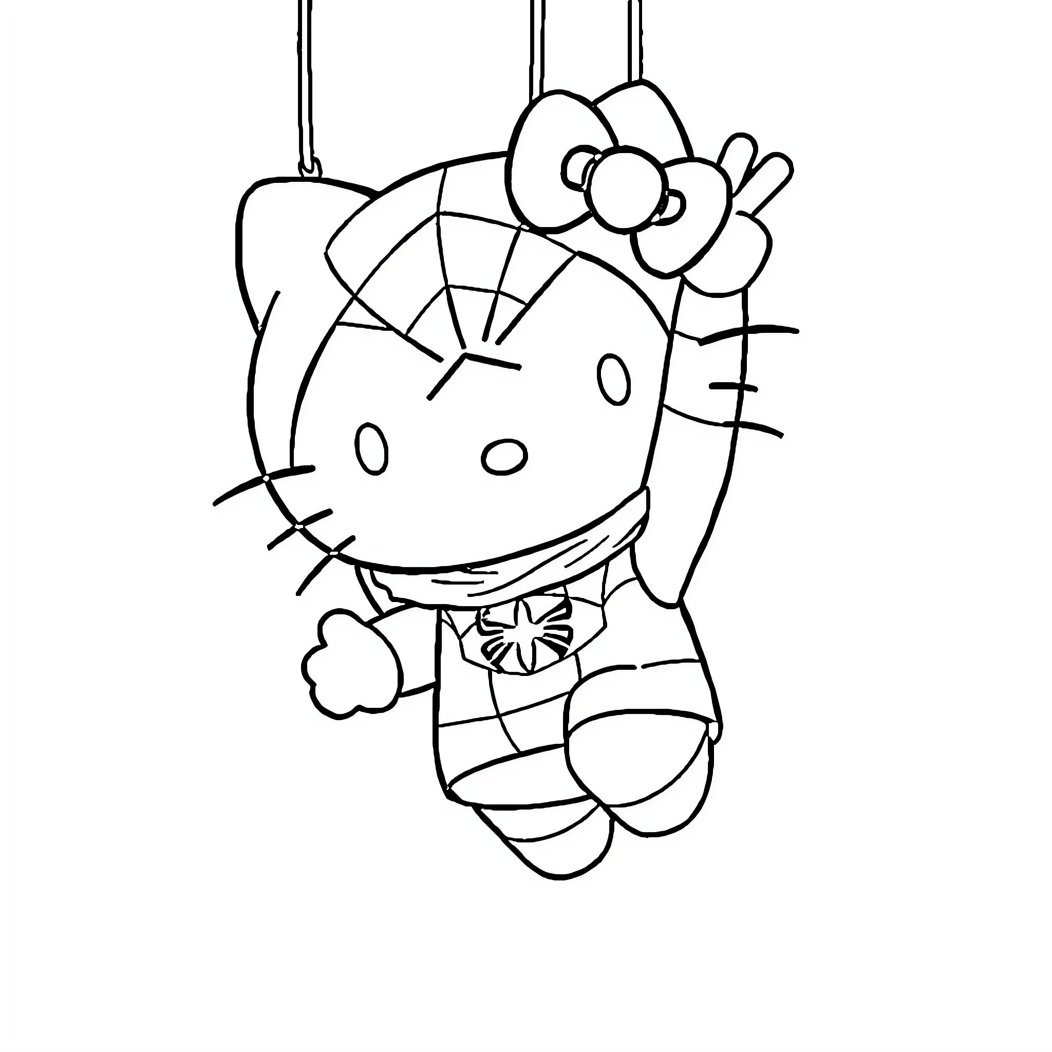 Hello Kitty hanging from strings Coloring Page (free black-and-white line drawing printable PDF for all, from beginners to advanced learners, including children, teens, adults, and seniors)