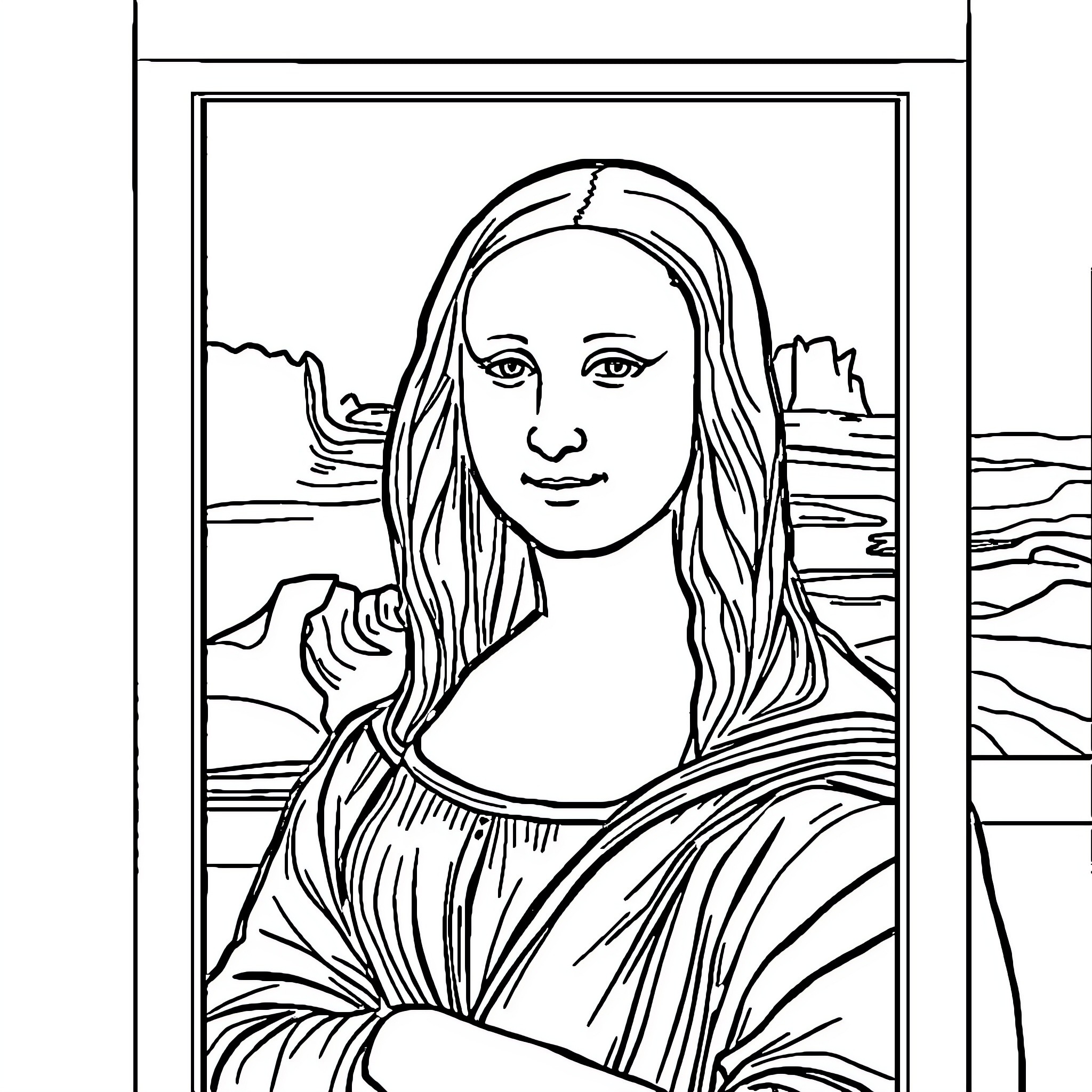Mona Lisa's Thoughtful Expression and Iconic Pose Coloring Page (free black-and-white line drawing printable PDF for all, from beginners to advanced learners, including children, teens, adults, and seniors)