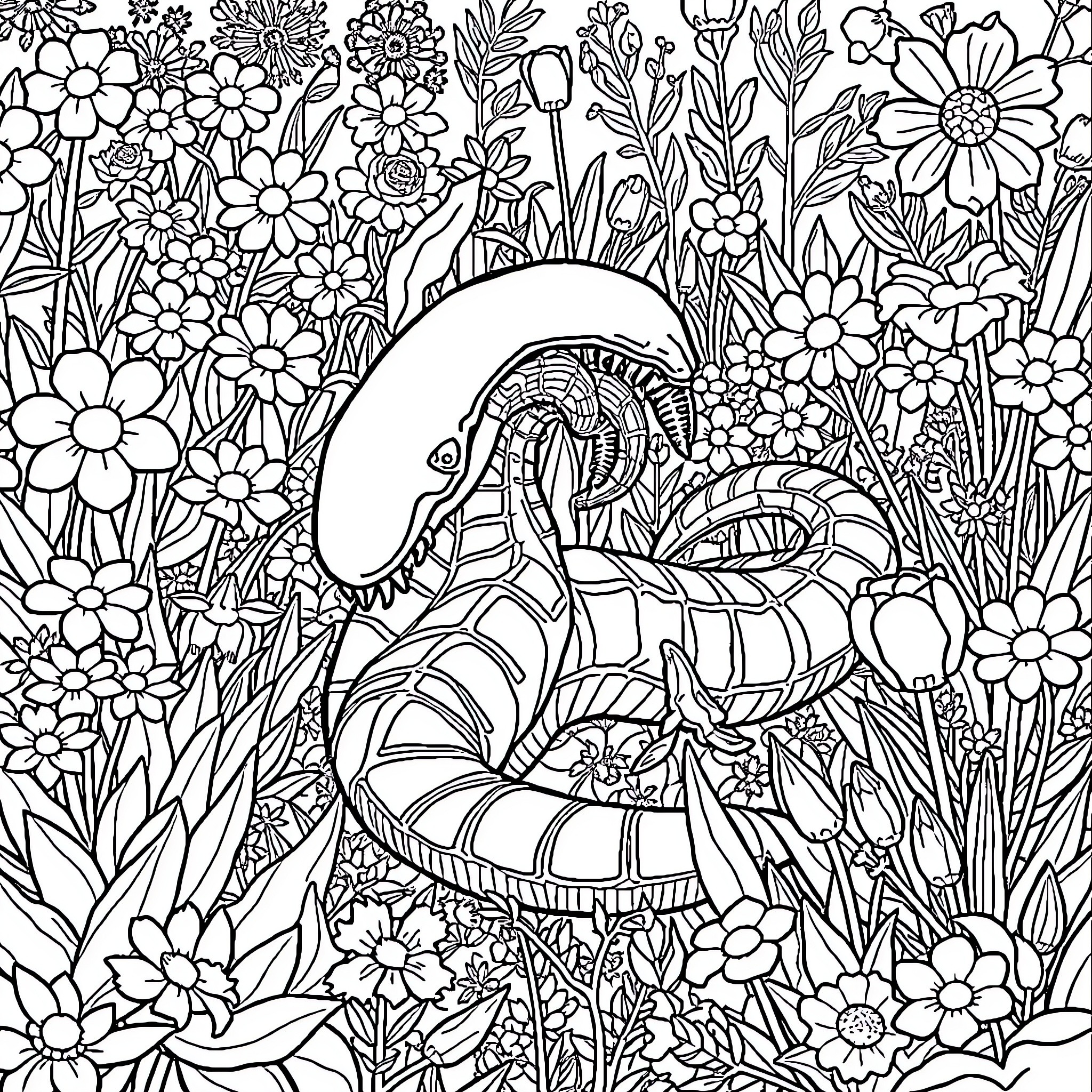 Xenomorph Creature Among Floral Garden Coloring Page (free black-and-white line drawing printable PDF for all, from beginners to advanced learners, including children, teens, adults, and seniors)