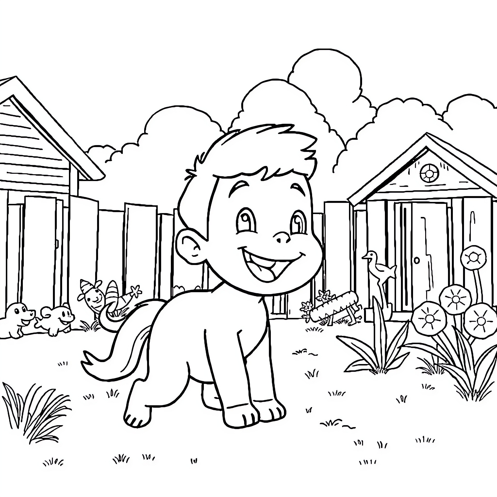 Pono playing happily in the backyard Coloring Page (free black-and-white line drawing printable PDF for all, from beginners to advanced learners, including children, teens, adults, and seniors)