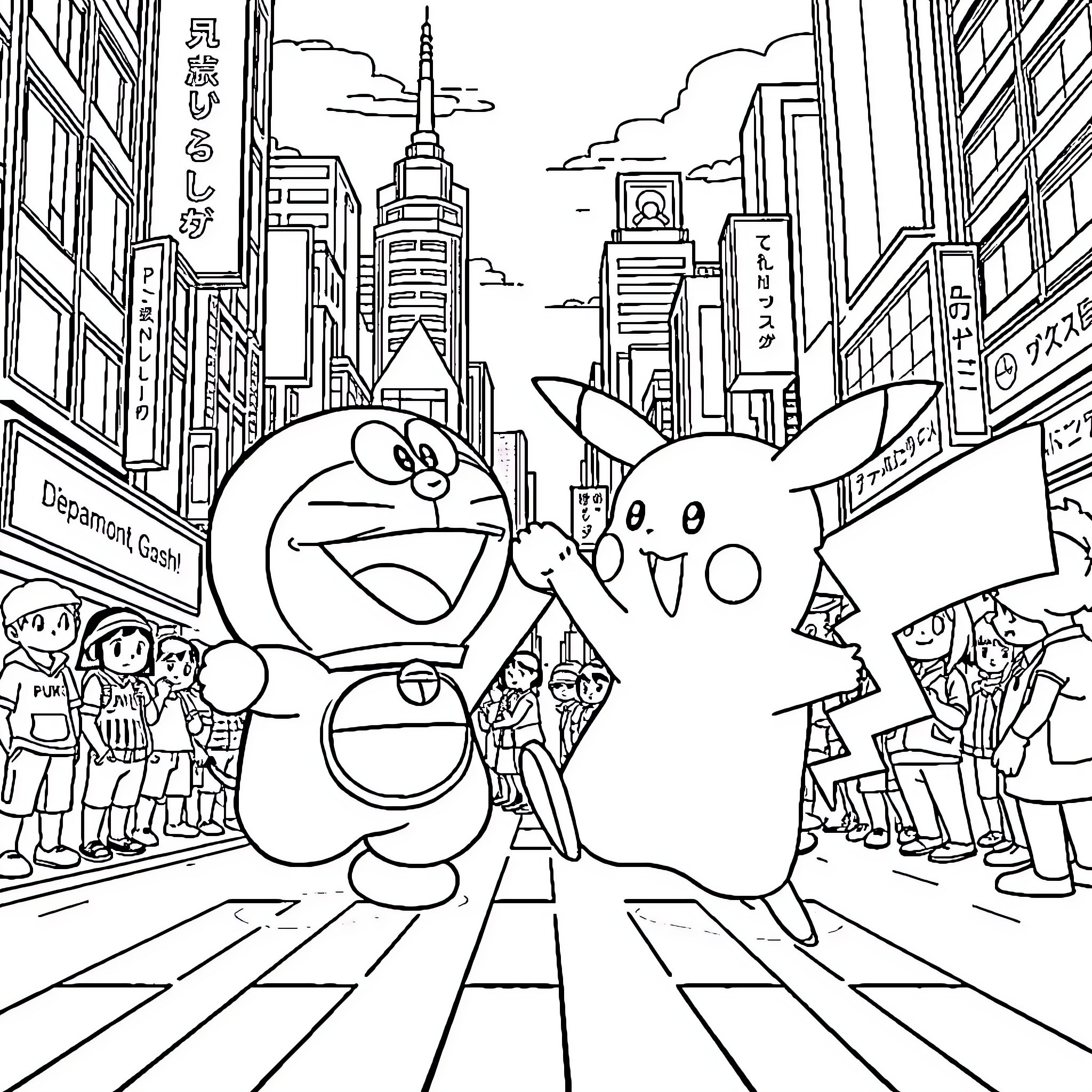 Doraemon and Nobita enjoying a city adventure Coloring Page (free black-and-white line drawing printable PDF for all, from beginners to advanced learners, including children, teens, adults, and seniors)