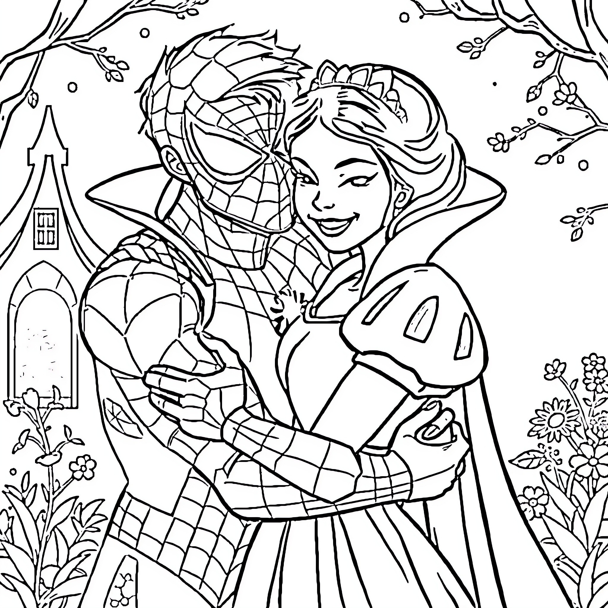 Spider-Man embracing a smiling woman in a floral scene Coloring Page (free black-and-white line drawing printable PDF for all, from beginners to advanced learners, including children, teens, adults, and seniors)