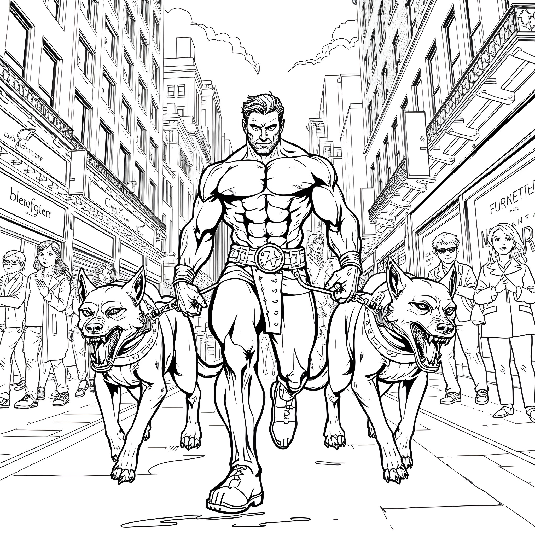 Cyclops superhero walking with two powerful wolves in the city Coloring Page (free black-and-white line drawing printable PDF for all, from beginners to advanced learners, including children, teens, adults, and seniors)