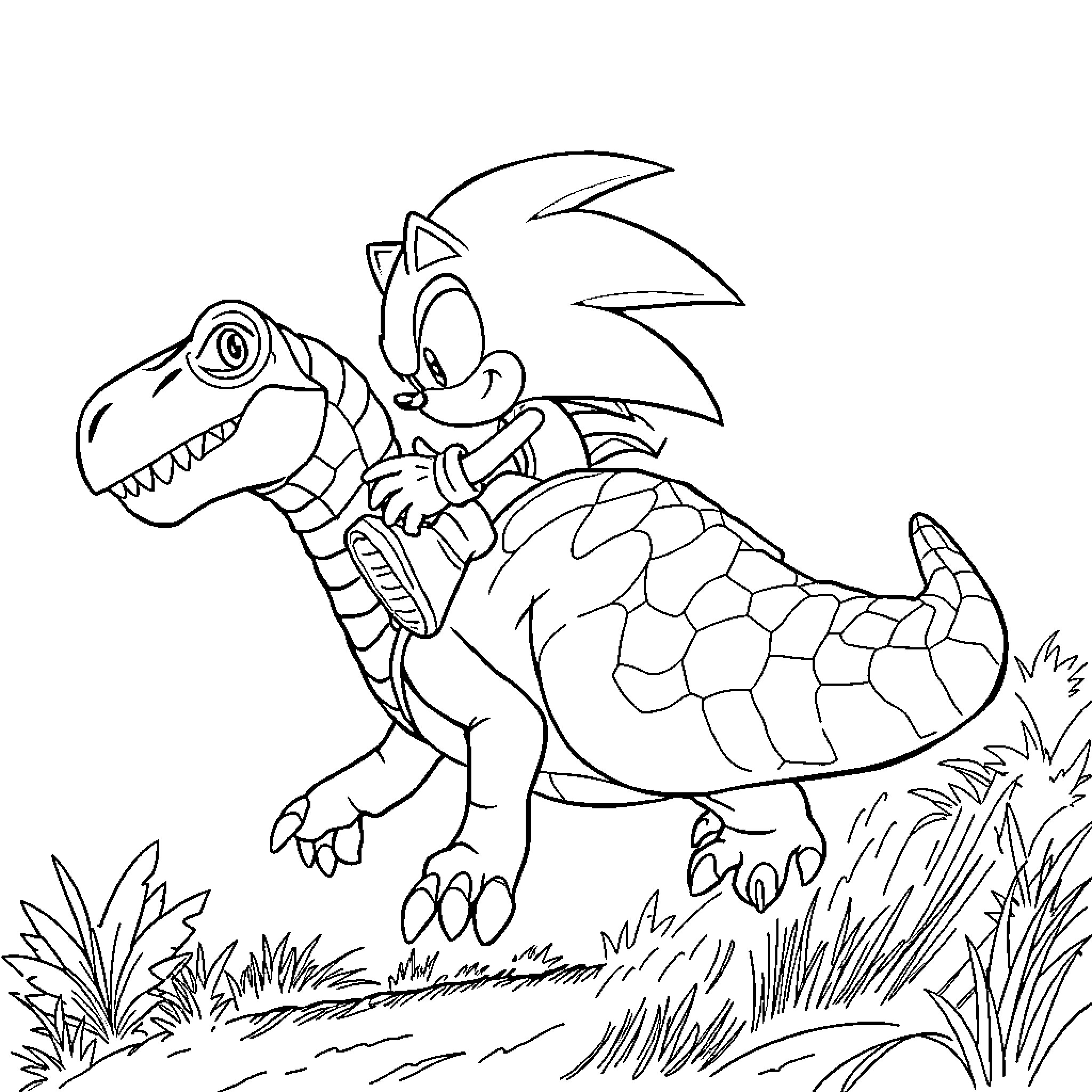 Sonic riding a friendly dinosaur in nature Coloring Page (free black-and-white line drawing printable PDF for all, from beginners to advanced learners, including children, teens, adults, and seniors)