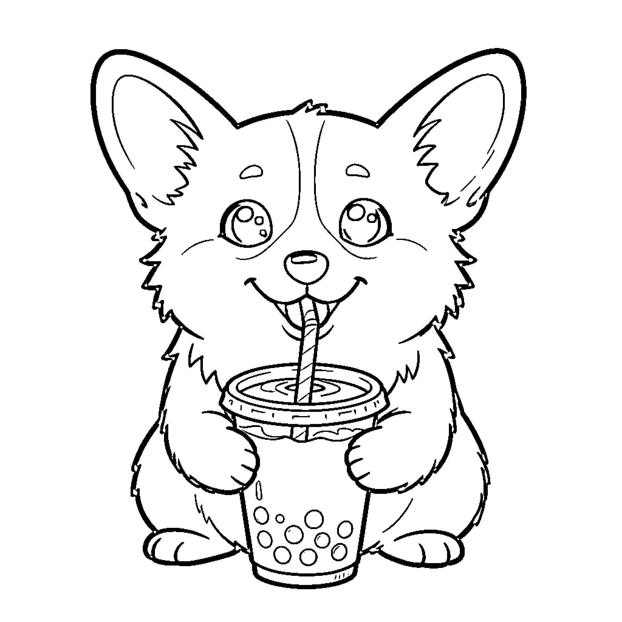 Corgi enjoying a refreshing drink Coloring Page (free black-and-white line drawing printable PDF for all, from beginners to advanced learners, including children, teens, adults, and seniors)