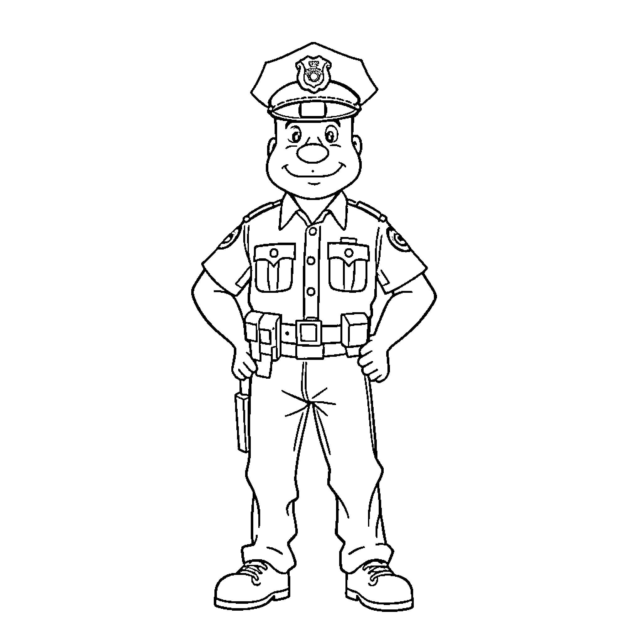 Police Officer in Uniform Standing Confidently Coloring Page (free black-and-white line drawing printable PDF for all, from beginners to advanced learners, including children, teens, adults, and seniors)