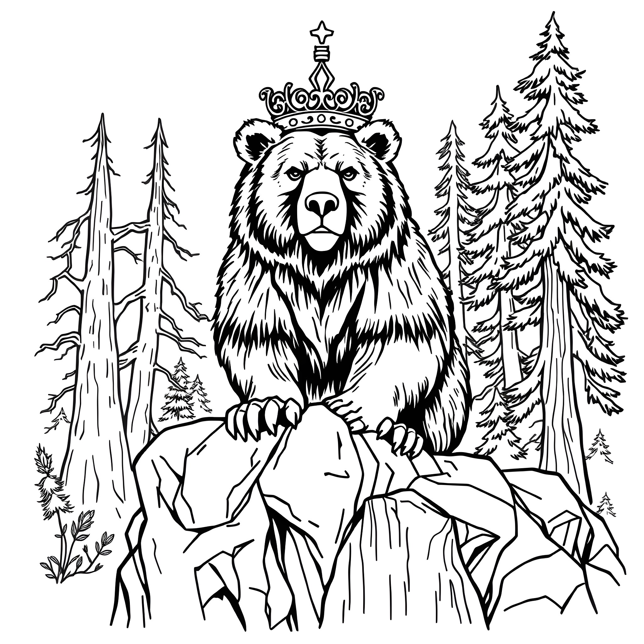 Bear Wearing Crown in Forest Landscape Coloring Page (free black-and-white line drawing printable PDF for all, from beginners to advanced learners, including children, teens, adults, and seniors)