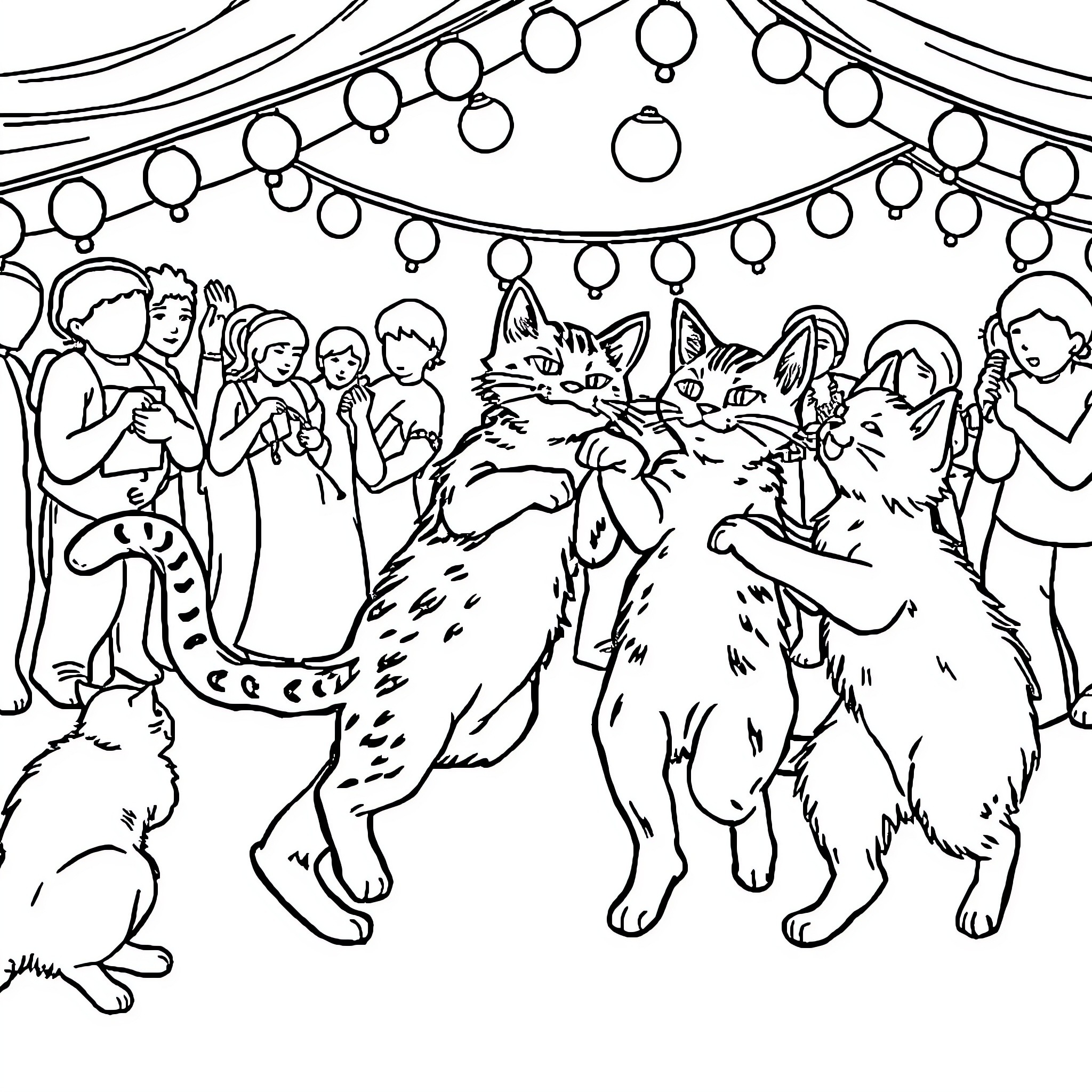 Cat Party with Festive Decor Coloring Page (free black-and-white line drawing printable PDF for all, from beginners to advanced learners, including children, teens, adults, and seniors)