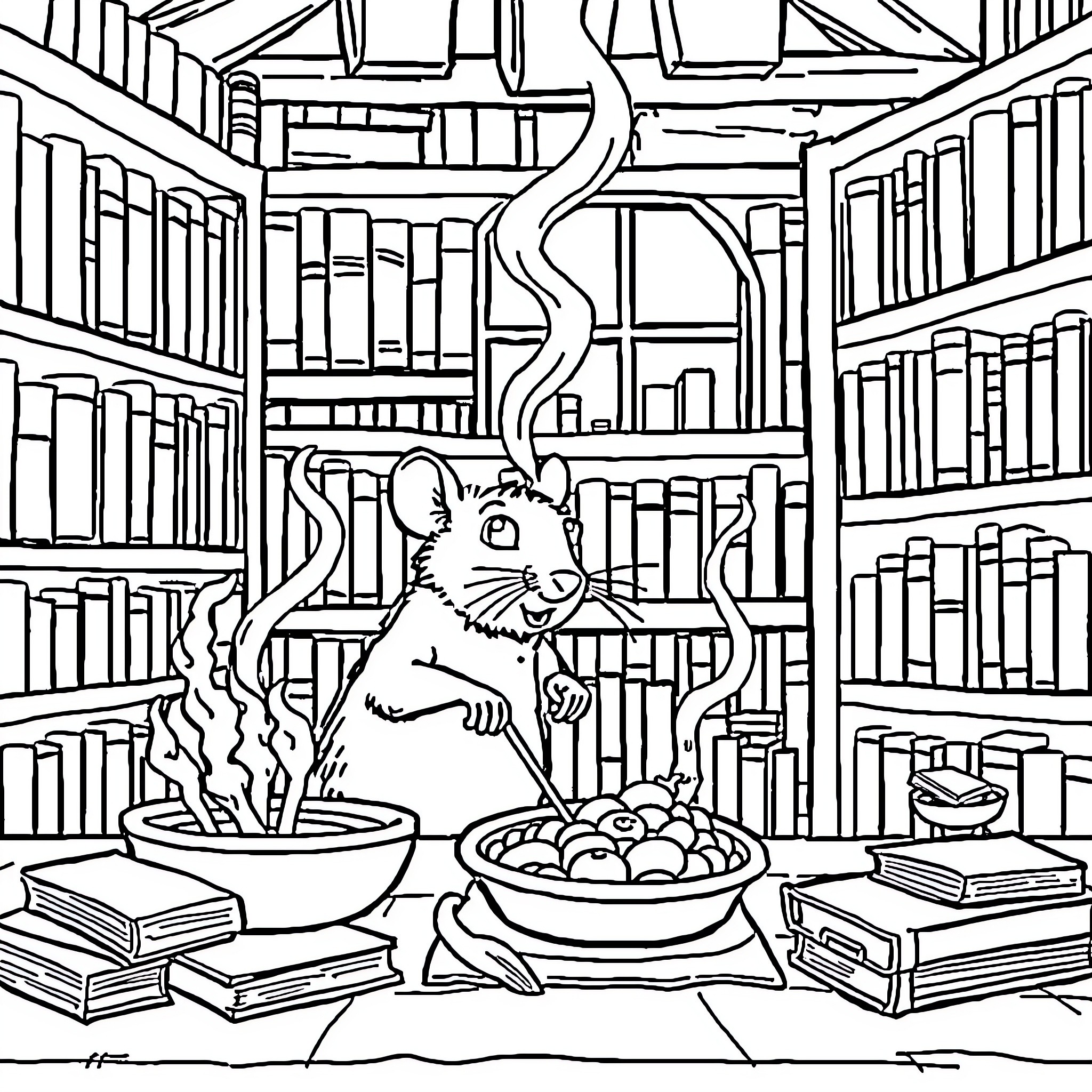 Ratatouille's Kitchen Adventure in the Library Coloring Page (free black-and-white line drawing printable PDF for all, from beginners to advanced learners, including children, teens, adults, and seniors)