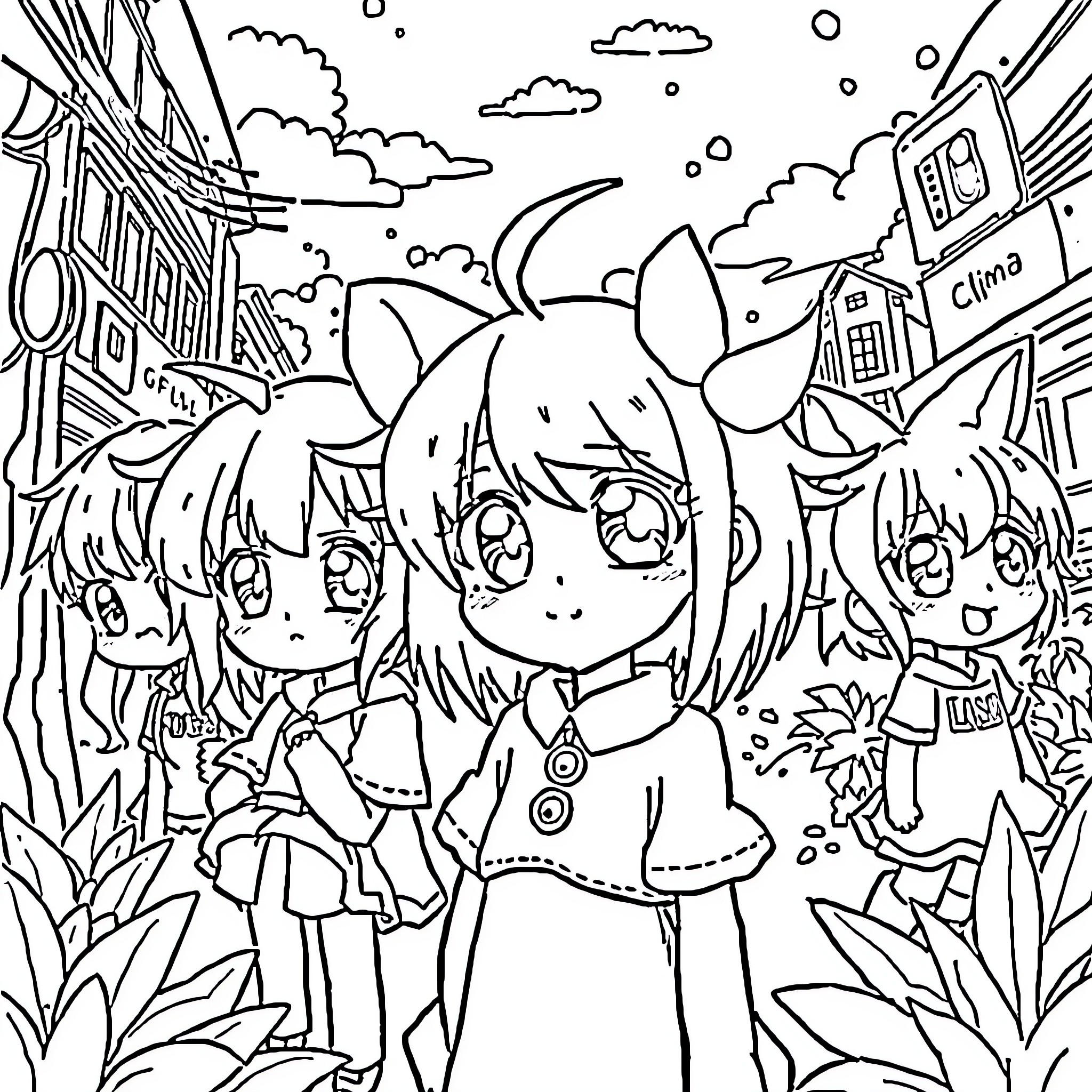 Anime Characters Explore Whimsical Cityscape Coloring Page (free black-and-white line drawing printable PDF for all, from beginners to advanced learners, including children, teens, adults, and seniors)