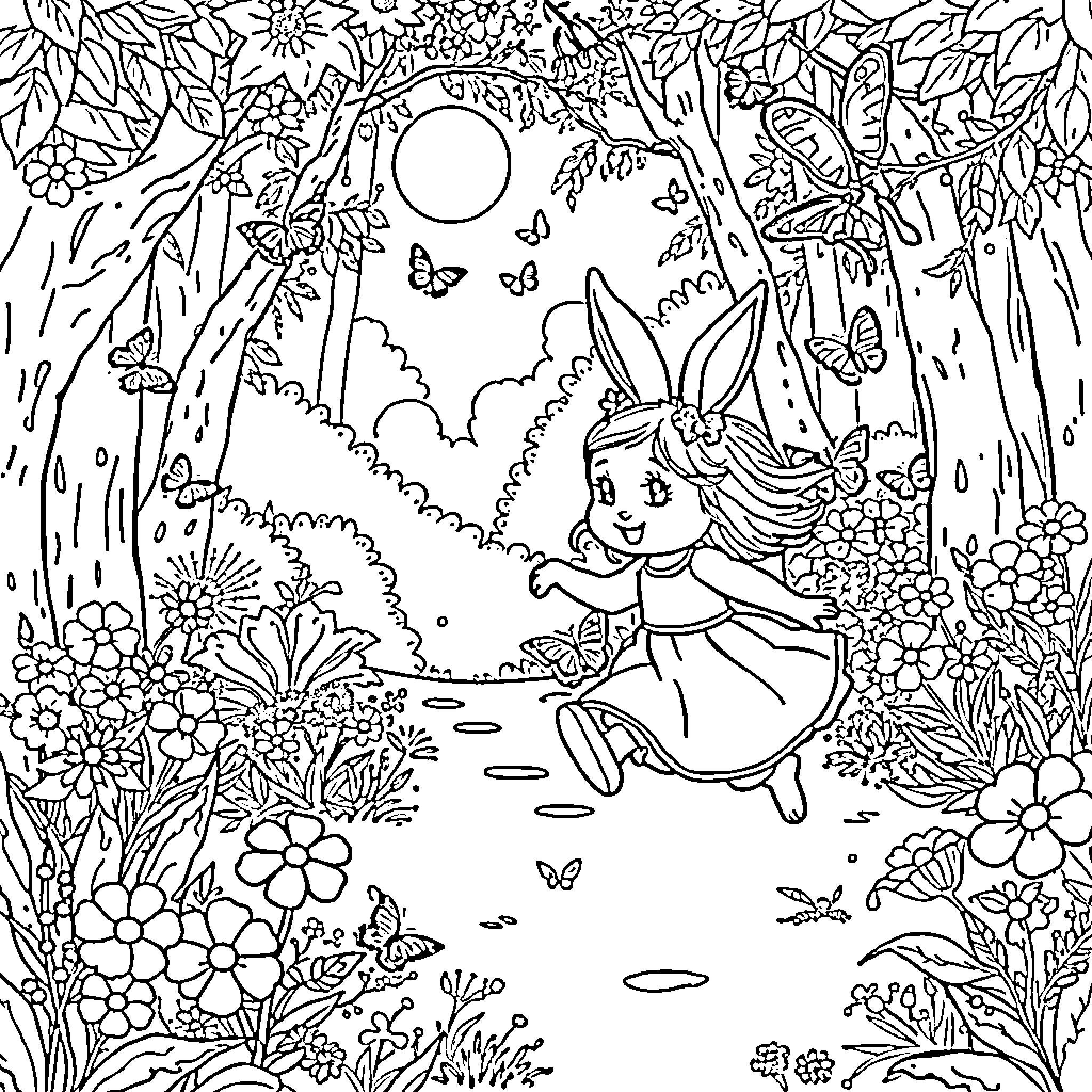 Rabbit girl frolicking in lush garden Coloring Page (free black-and-white line drawing printable PDF for all, from beginners to advanced learners, including children, teens, adults, and seniors)