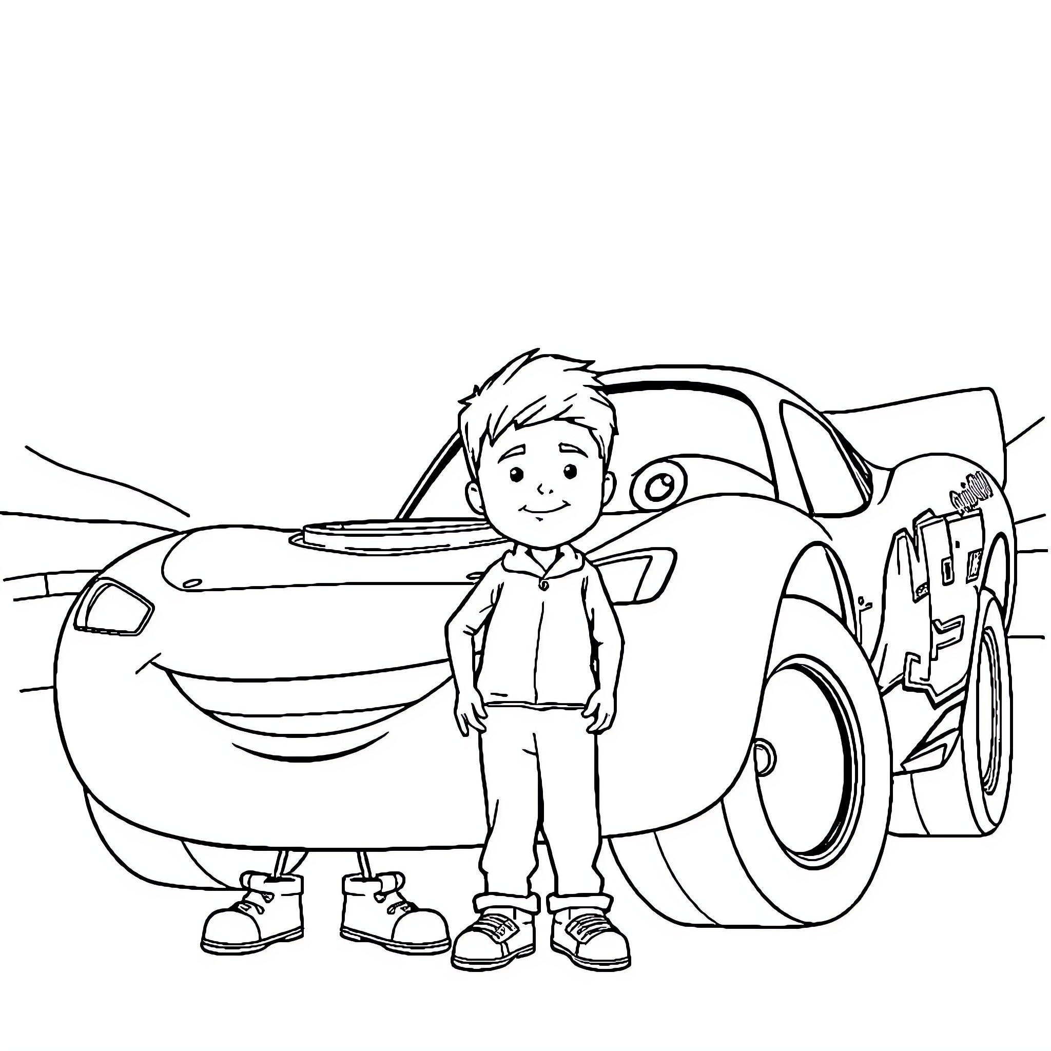 Theo admiring his toy car in the garage Coloring Page (free black-and-white line drawing printable PDF for all, from beginners to advanced learners, including children, teens, adults, and seniors)