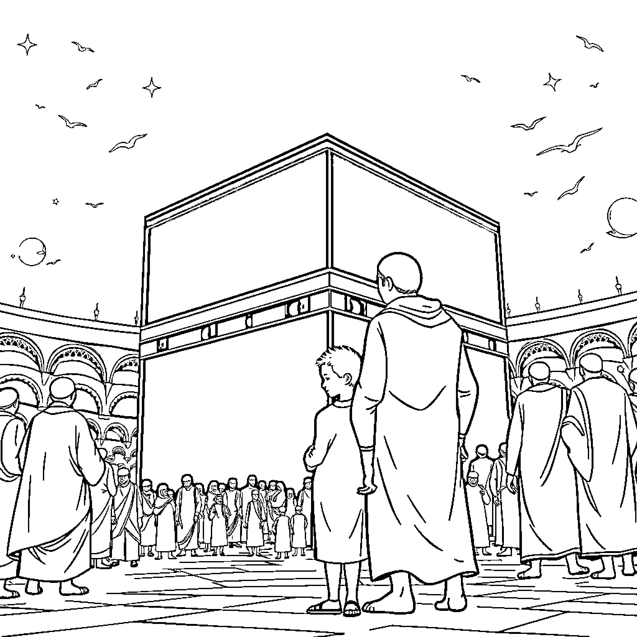 Dad and child explore ancient temple site Coloring Page (free black-and-white line drawing printable PDF for all, from beginners to advanced learners, including children, teens, adults, and seniors)