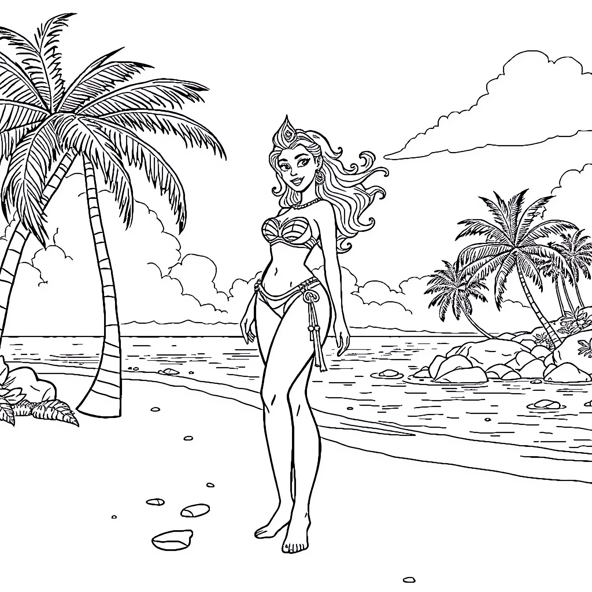 Vaiana exploring the tropical beach paradise Coloring Page (free black-and-white line drawing printable PDF for all, from beginners to advanced learners, including children, teens, adults, and seniors)