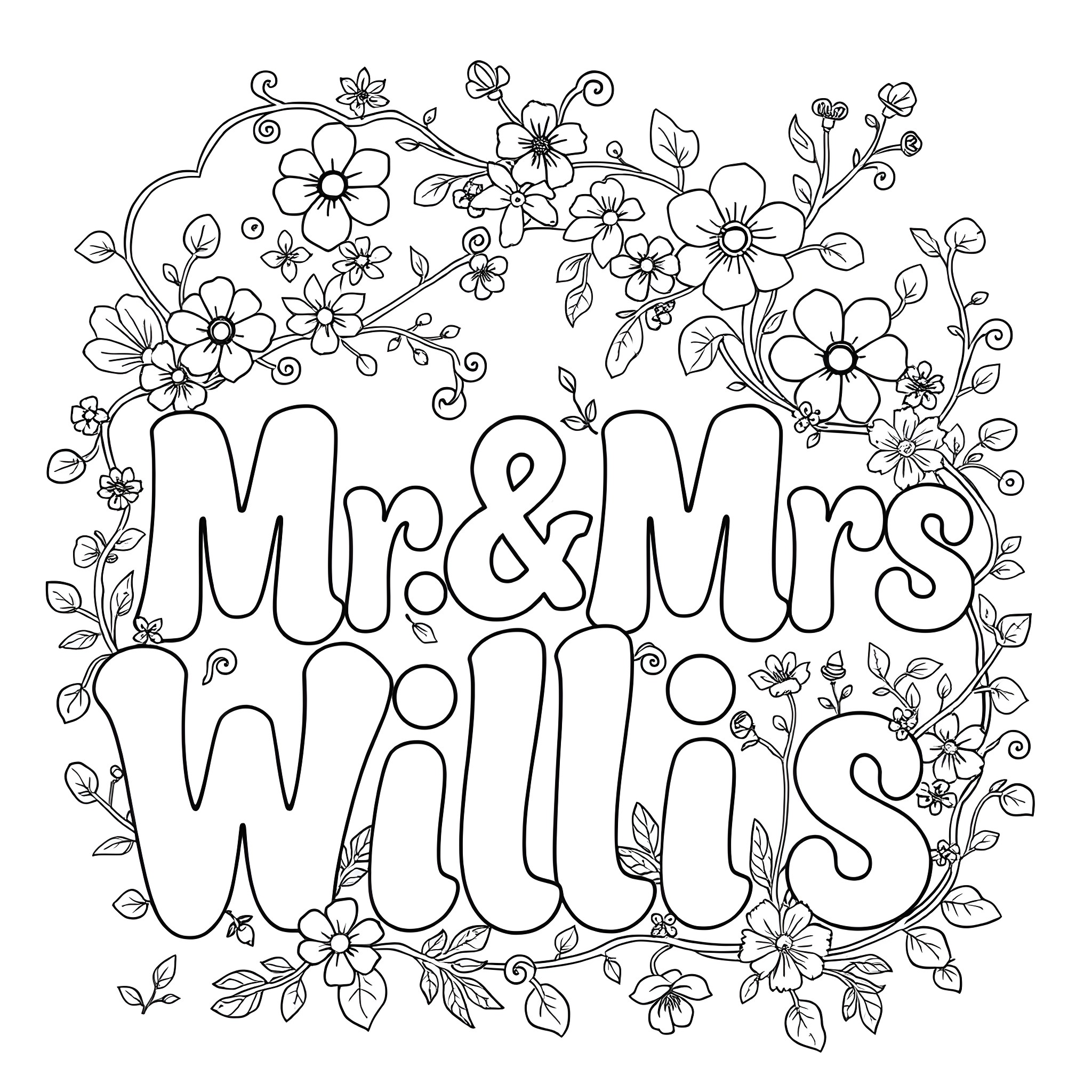 Mr. & Mrs. Willms surrounded by floral elements Coloring Page (free black-and-white line drawing printable PDF for all, from beginners to advanced learners, including children, teens, adults, and seniors)