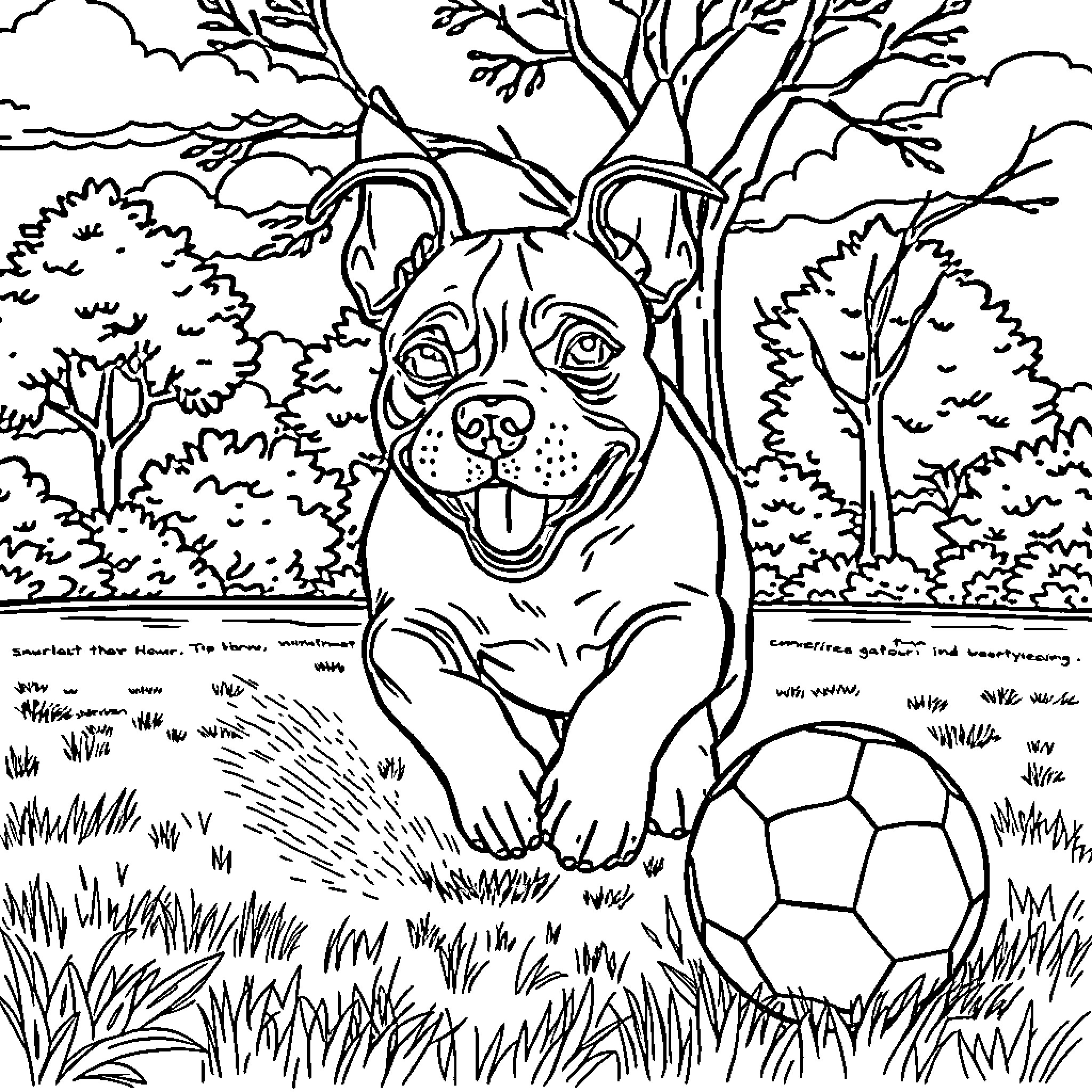Pitbull playing with soccer ball in natural setting Coloring Page (free black-and-white line drawing printable PDF for all, from beginners to advanced learners, including children, teens, adults, and seniors)