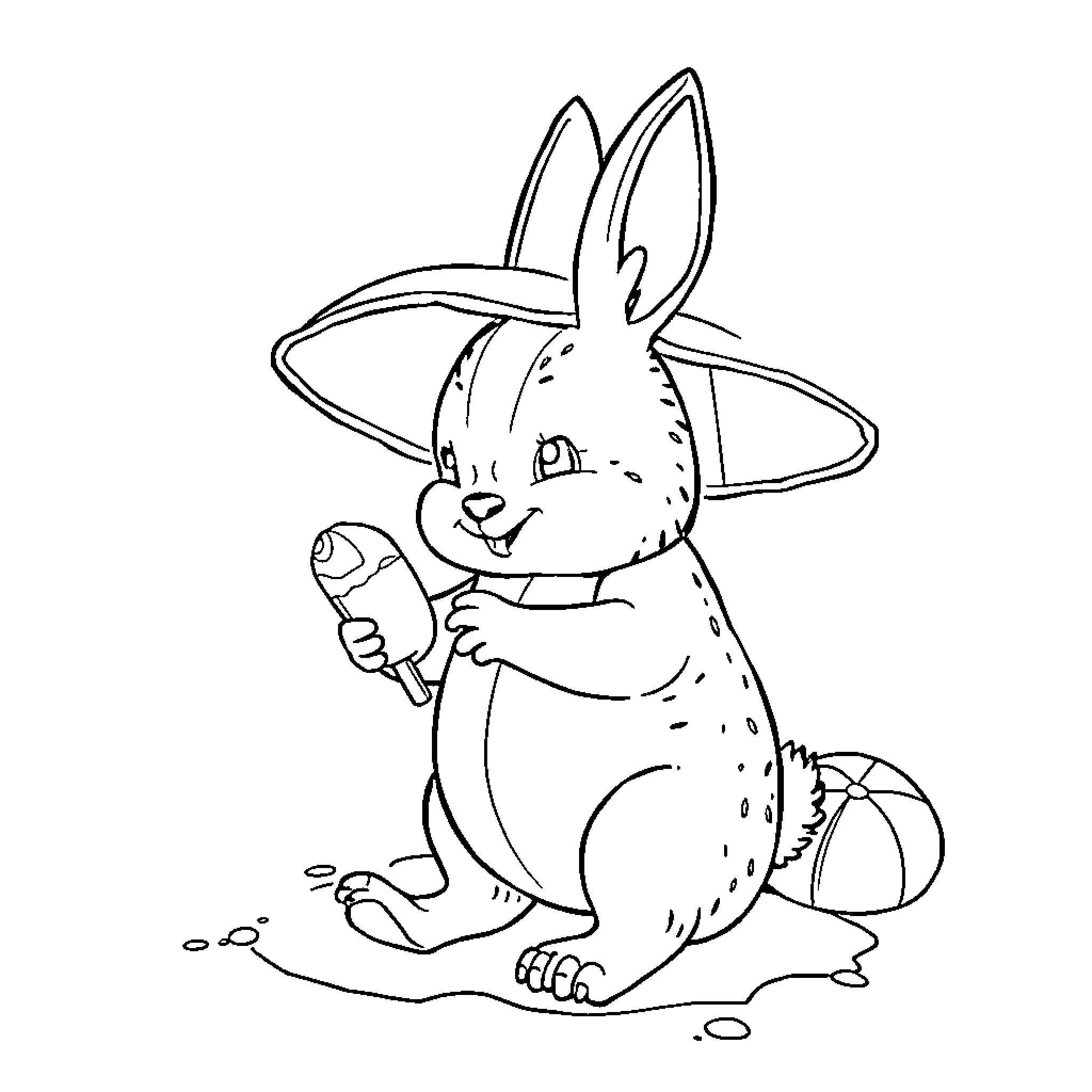 Coneja playing with ball in the garden Coloring Page (free black-and-white line drawing printable PDF for all, from beginners to advanced learners, including children, teens, adults, and seniors)