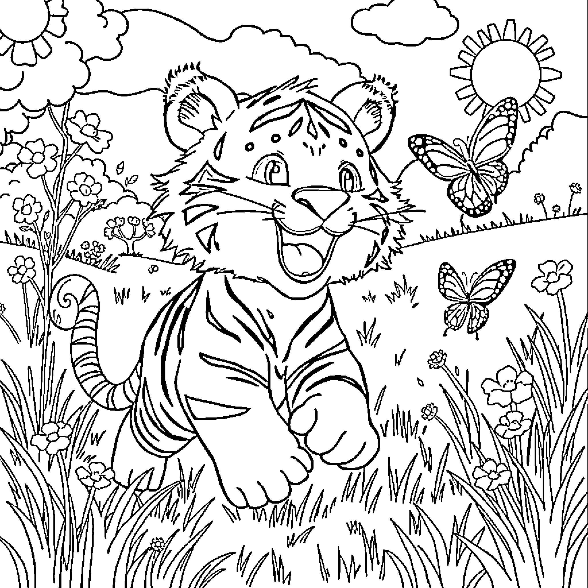 Tiger cub playing joyfully in nature Coloring Page (free black-and-white line drawing printable PDF for all, from beginners to advanced learners, including children, teens, adults, and seniors)