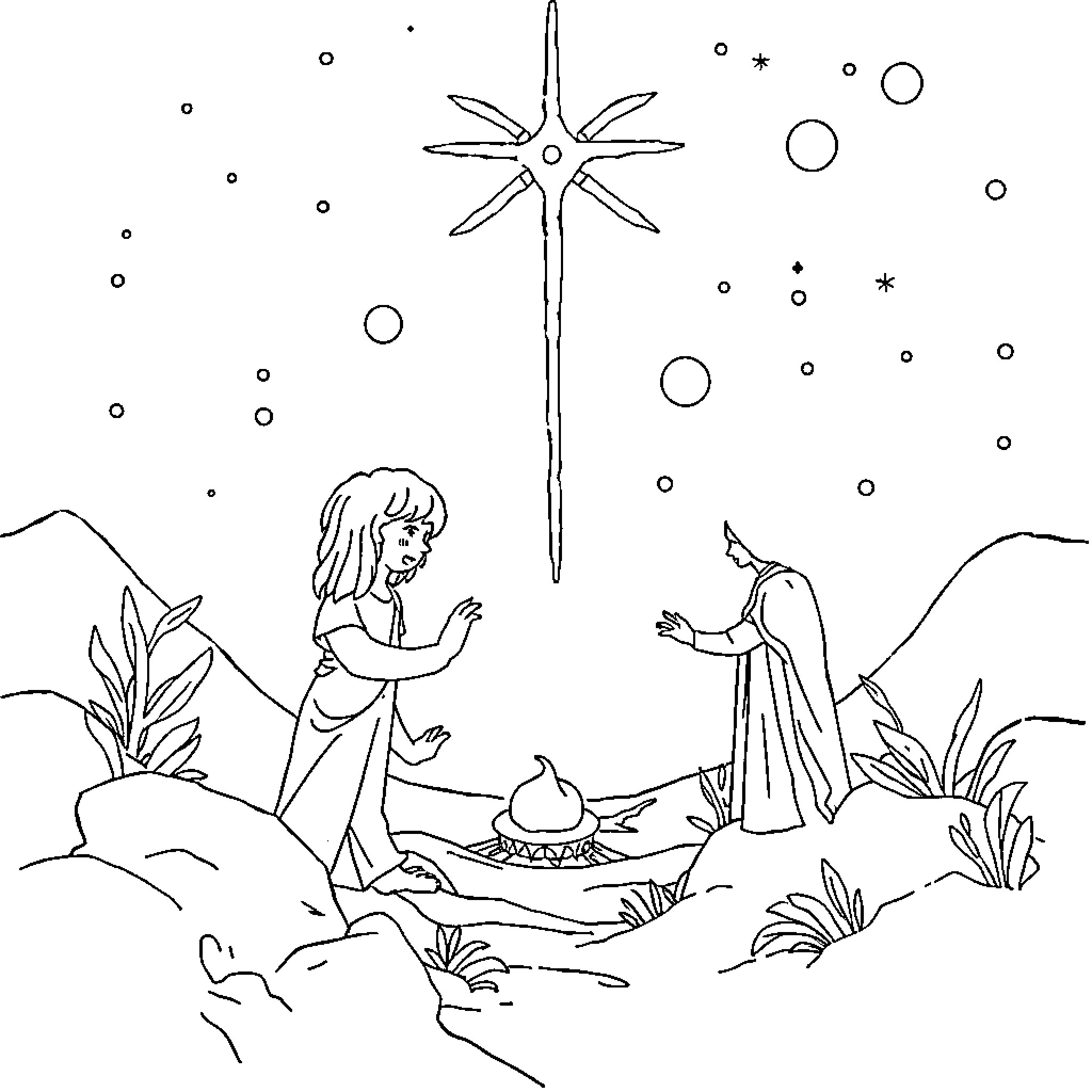 Creation of the Nativity Scene Coloring Page (free black-and-white line drawing printable PDF for all, from beginners to advanced learners, including children, teens, adults, and seniors)