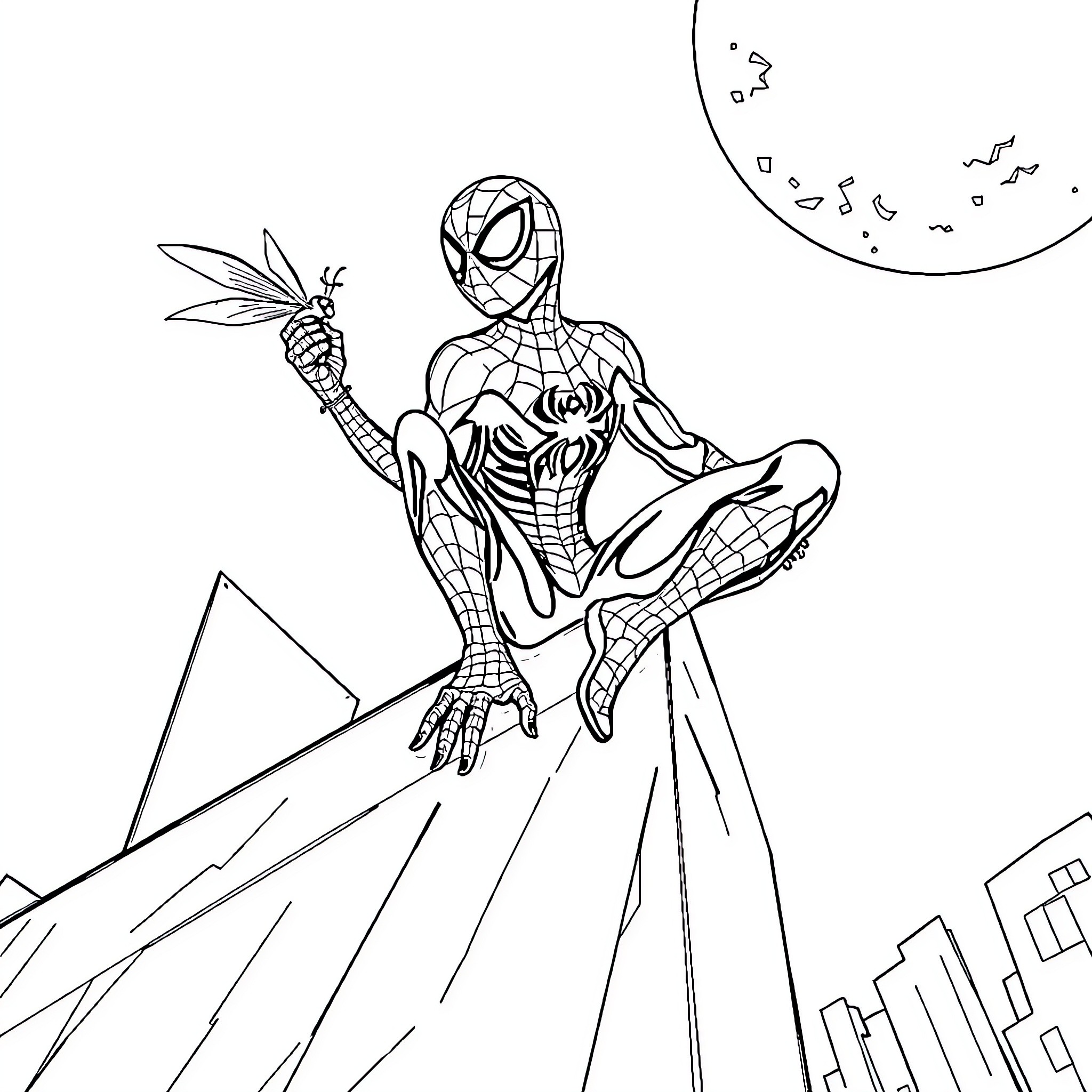 Spider-Man swinging through the city at night Coloring Page (free black-and-white line drawing printable PDF for all, from beginners to advanced learners, including children, teens, adults, and seniors)