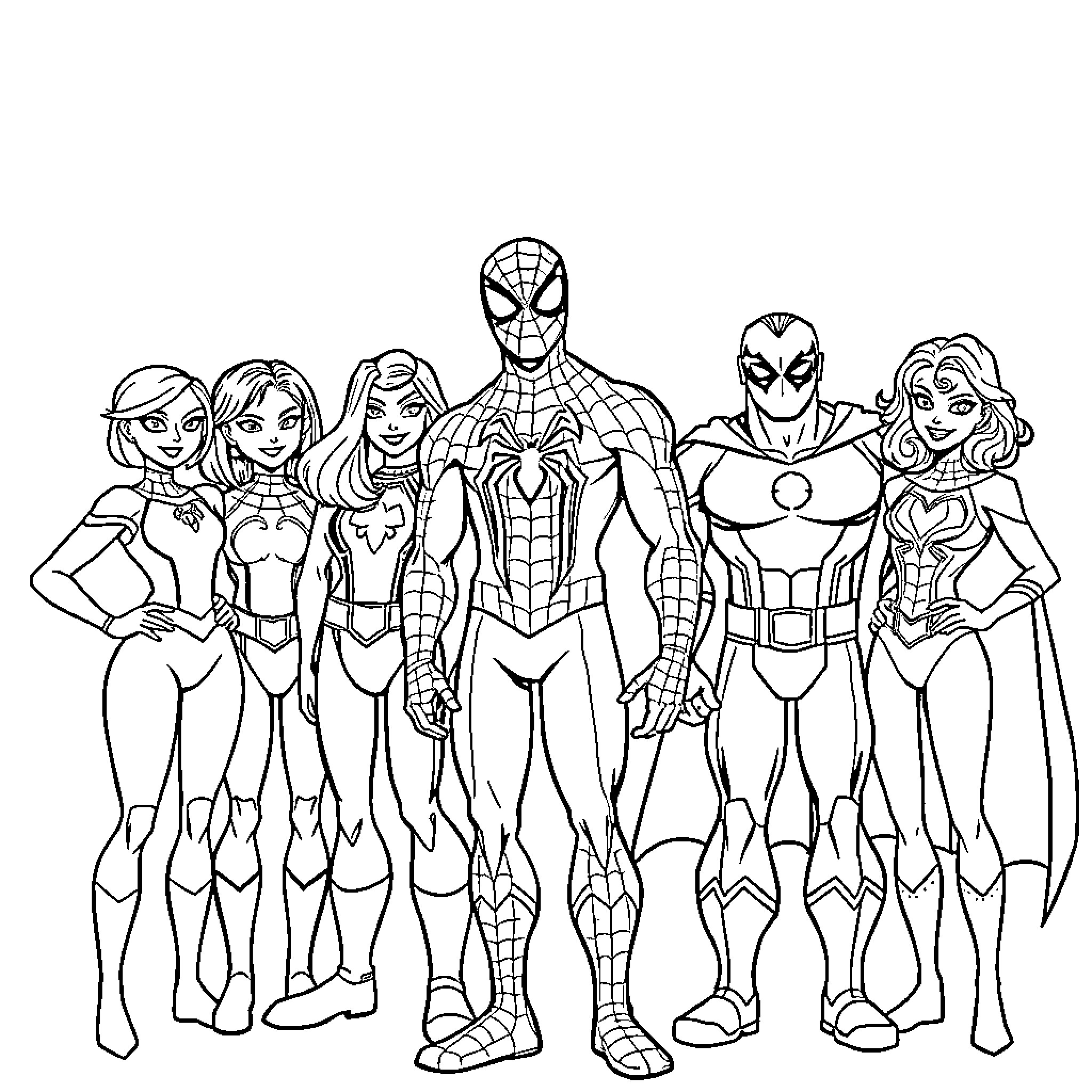 Spider Heroes Unite in Action-Packed Adventure Coloring Page (free black-and-white line drawing printable PDF for all, from beginners to advanced learners, including children, teens, adults, and seniors)