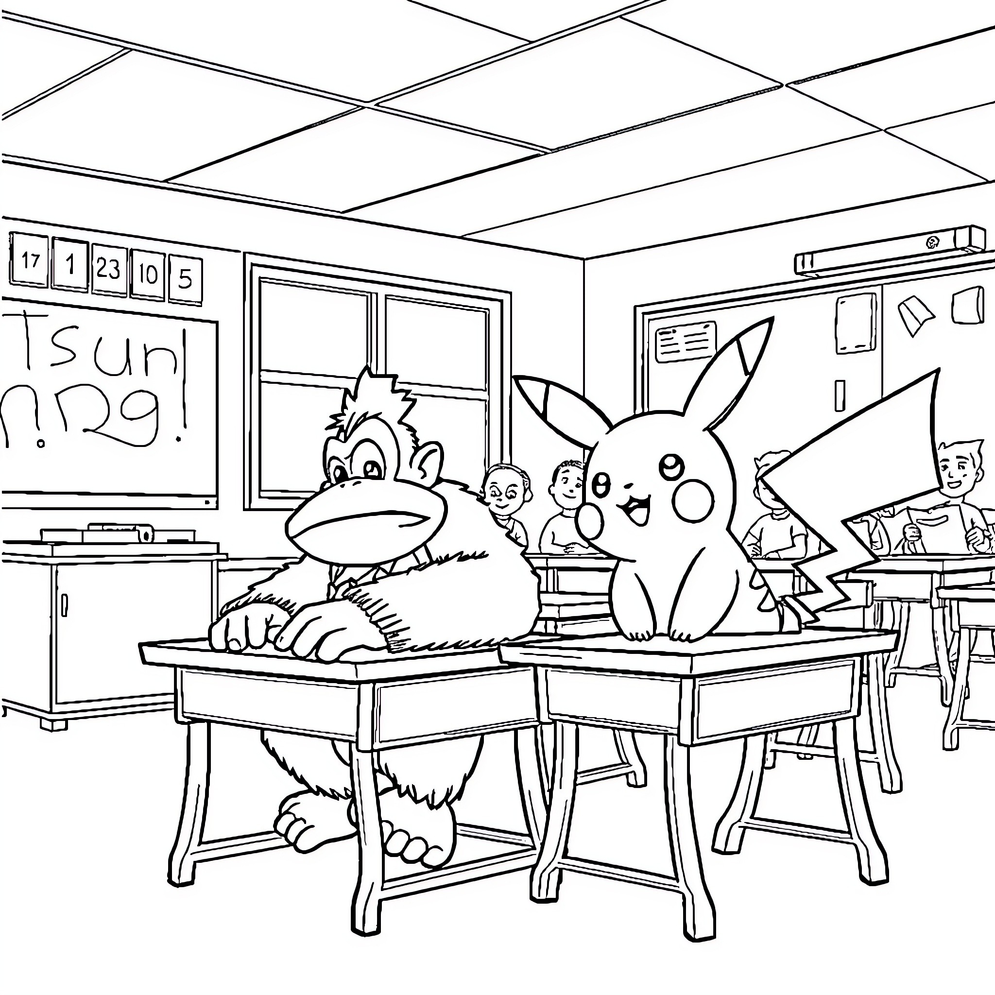 Donkey Kong and friends in a classroom setting Coloring Page (free black-and-white line drawing printable PDF for all, from beginners to advanced learners, including children, teens, adults, and seniors)