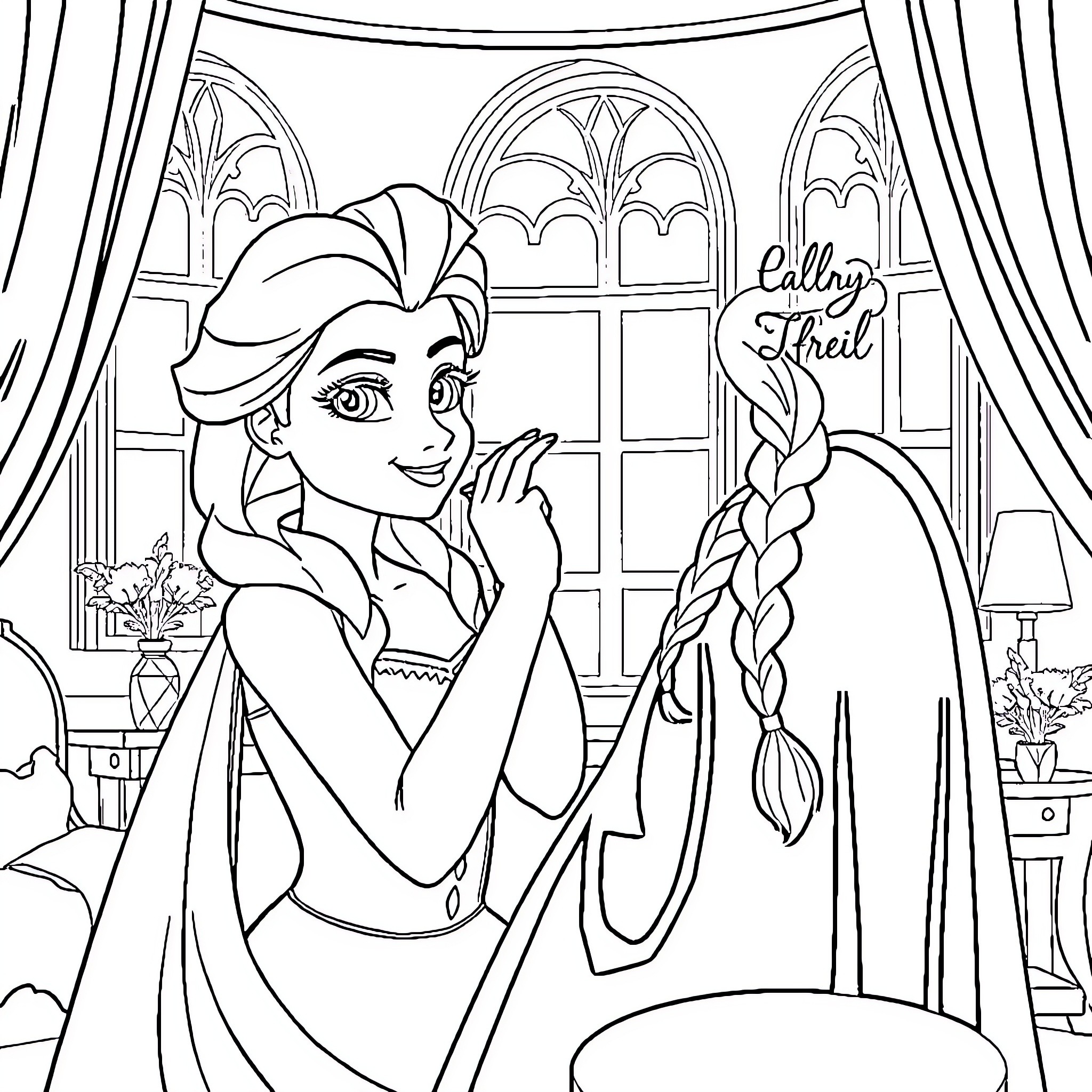 Frozen character in a cozy interior setting Coloring Page (free black-and-white line drawing printable PDF for all, from beginners to advanced learners, including children, teens, adults, and seniors)