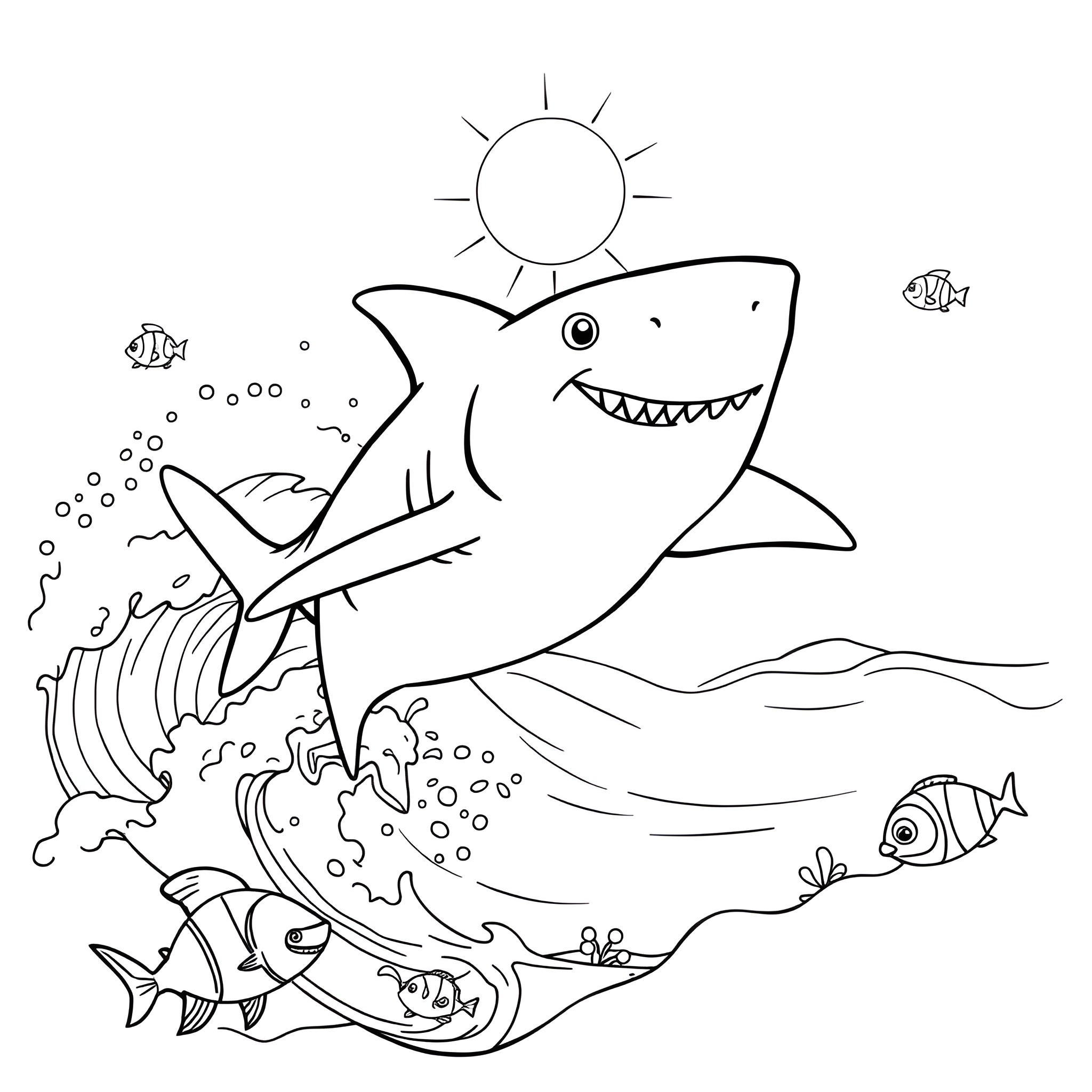 Baby Shark having fun in the ocean Coloring Page (free black-and-white line drawing printable PDF for all, from beginners to advanced learners, including children, teens, adults, and seniors)