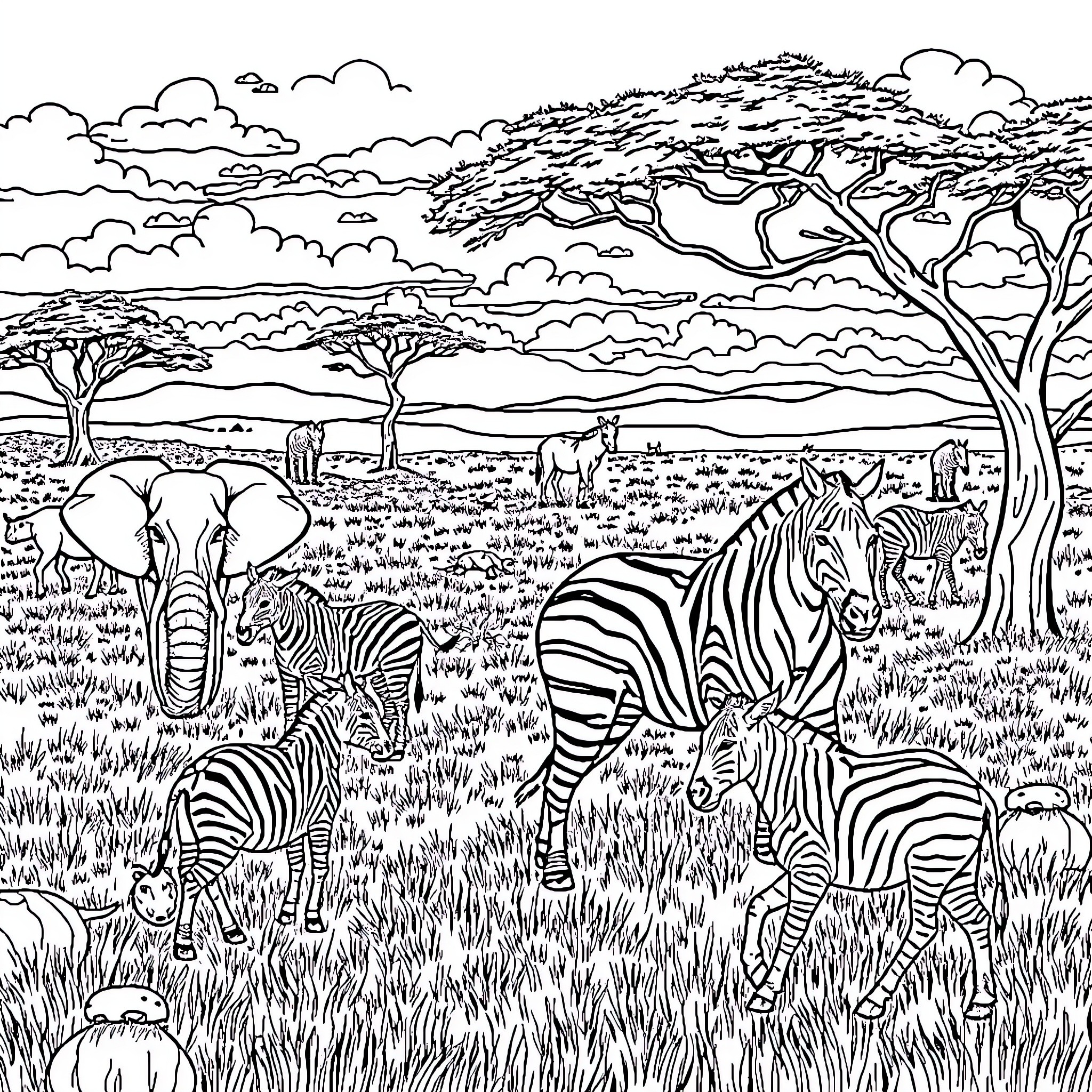 Safari scene with diverse wildlife in natural habitat Coloring Page (free black-and-white line drawing printable PDF for all, from beginners to advanced learners, including children, teens, adults, and seniors)