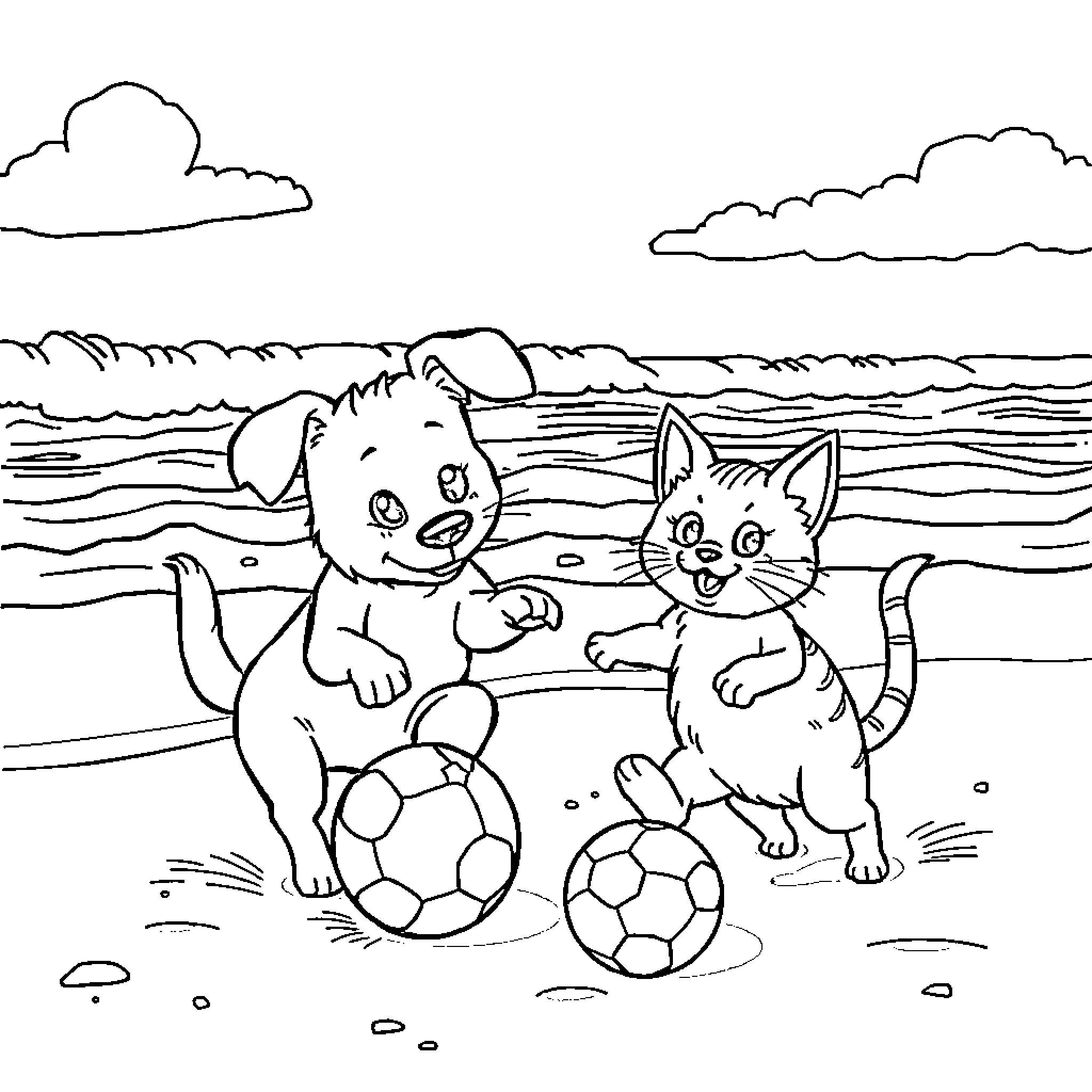 Dog and Cat Playing with Soccer Balls on the Beach Coloring Page (free black-and-white line drawing printable PDF for all, from beginners to advanced learners, including children, teens, adults, and seniors)
