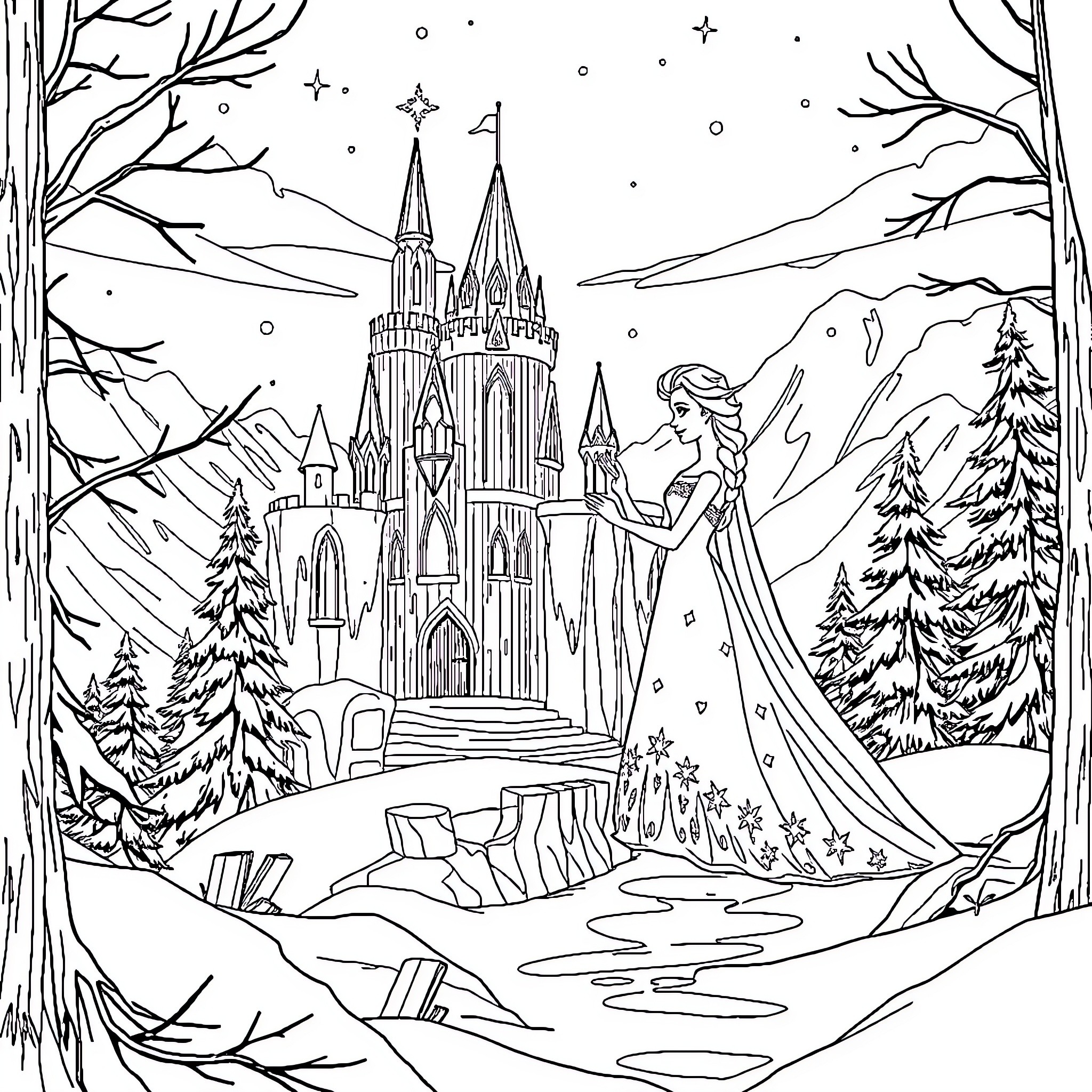 Elsa's Frozen Castle in the Enchanted Forest Coloring Page (free black-and-white line drawing printable PDF for all, from beginners to advanced learners, including children, teens, adults, and seniors)