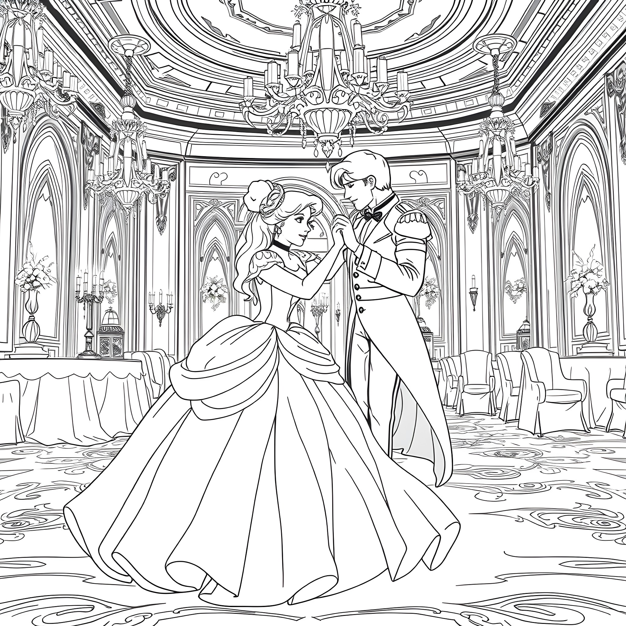 Cinderella's magical ballroom dance with her prince Coloring Page (free black-and-white line drawing printable PDF for all, from beginners to advanced learners, including children, teens, adults, and seniors)